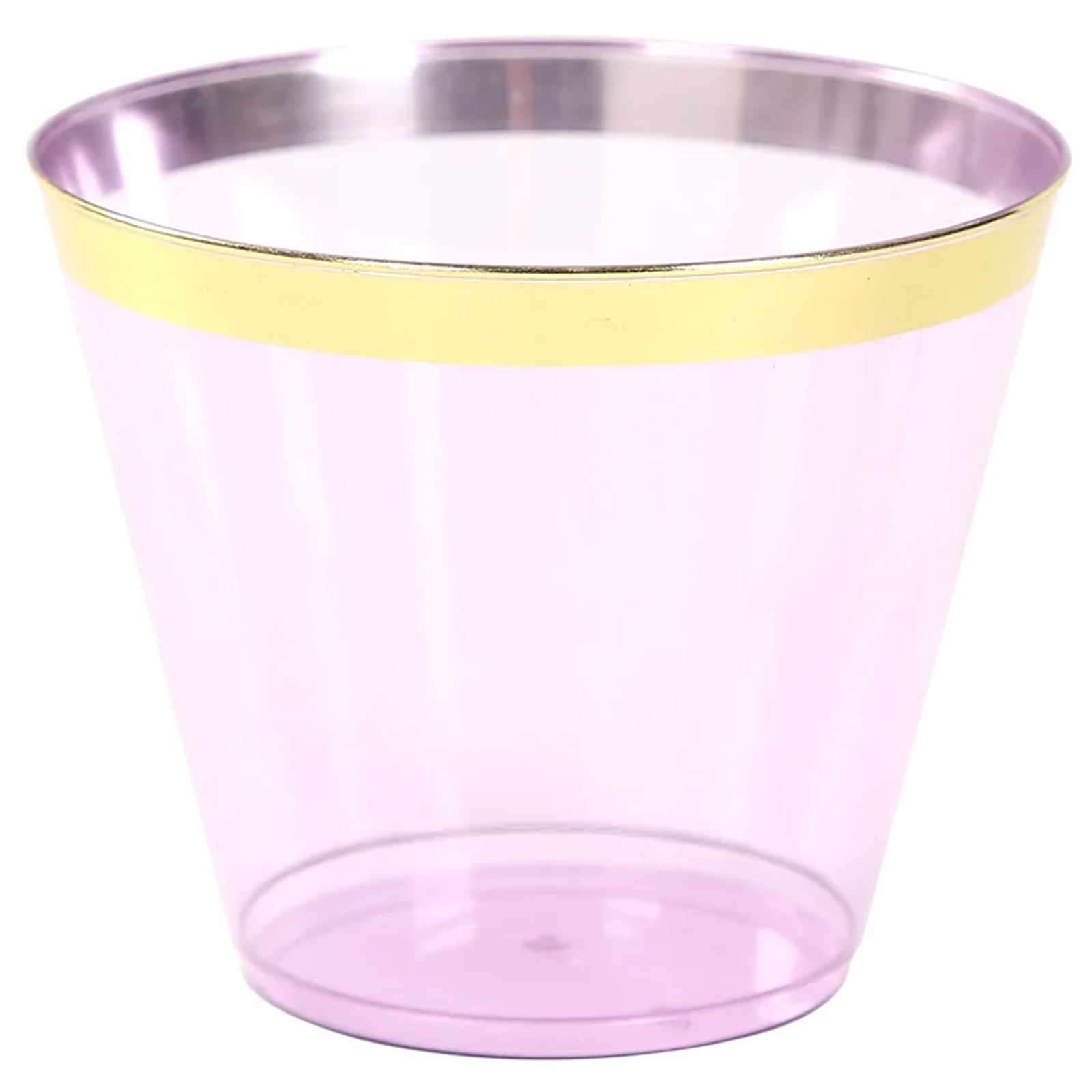 25-Pack Plastic Party Cups Transparent Purple Crystal with Gold Rim - Stylish Short Disposable Glasses 9oz