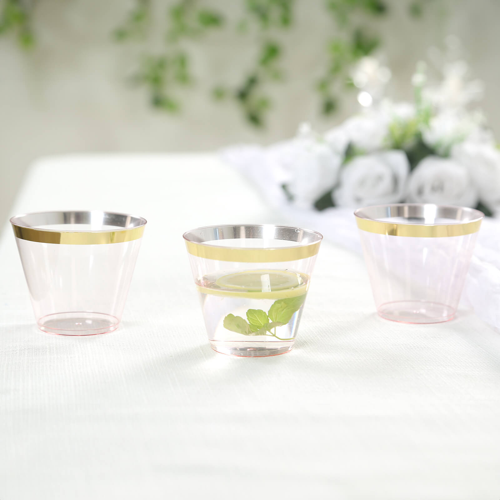 25-Pack Plastic Party Cups Transparent Blush Crystal with Gold Rim - Stylish Short Disposable Glasses 9oz