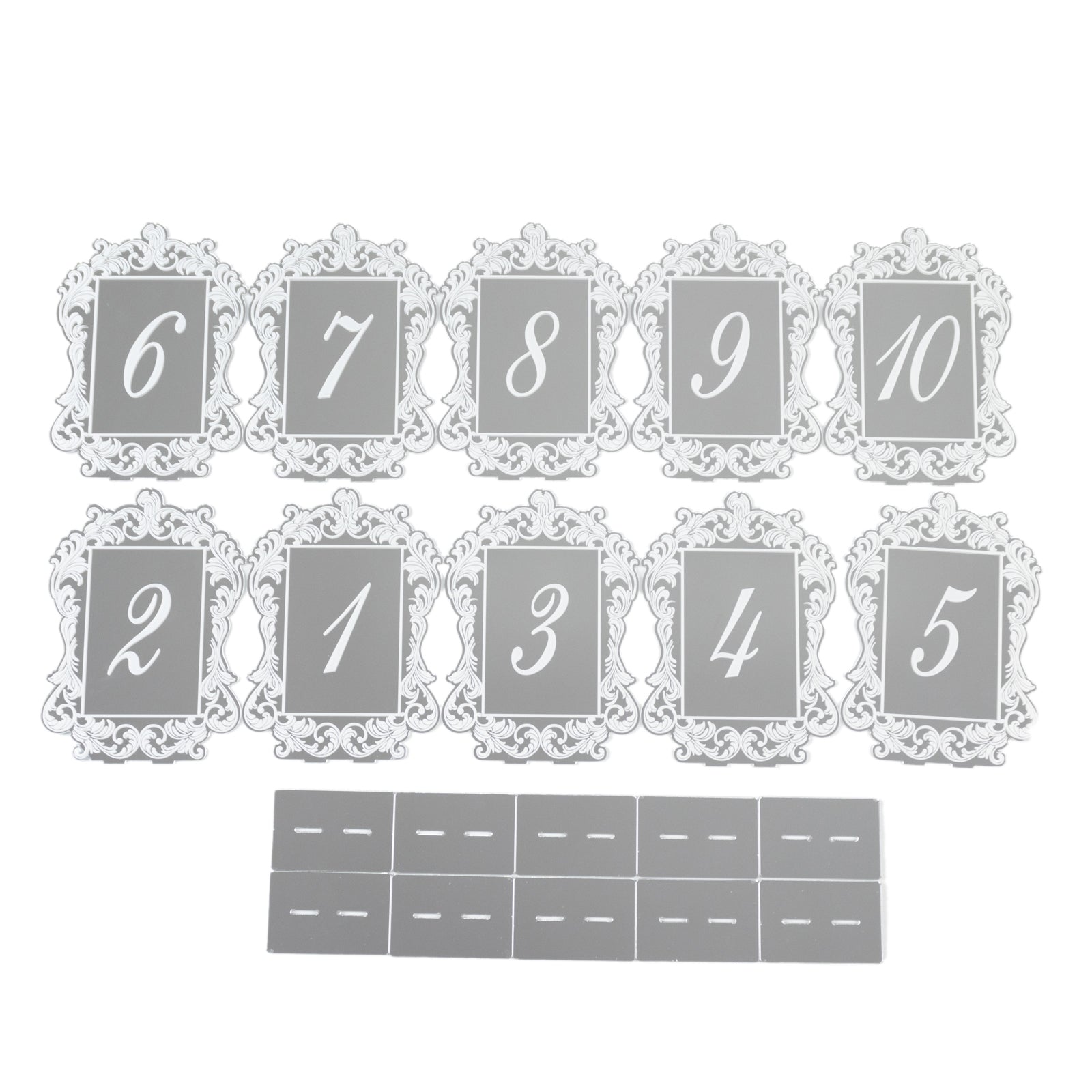 Silver Mirror Arch Acrylic Table Numbers (1-10) - 5x7 Wedding Reception Signs with Baroque Lace Border, White Print & Stands