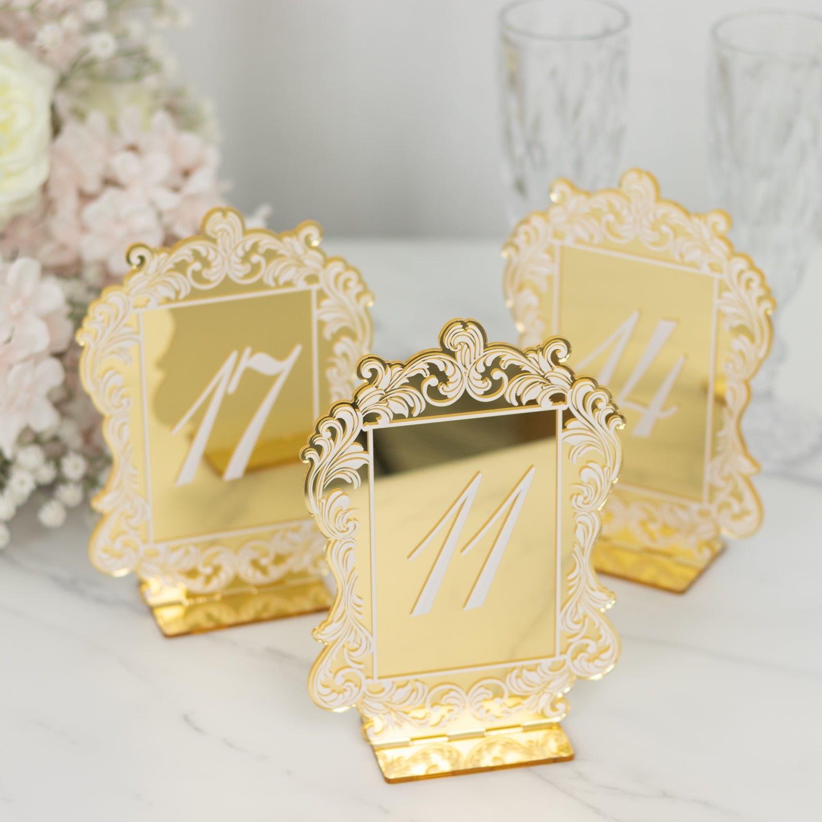 Gold Mirror Arch Acrylic Table Numbers (11-20) - 5x7 Wedding Reception Signs with Baroque Lace Border, White Print & Stands