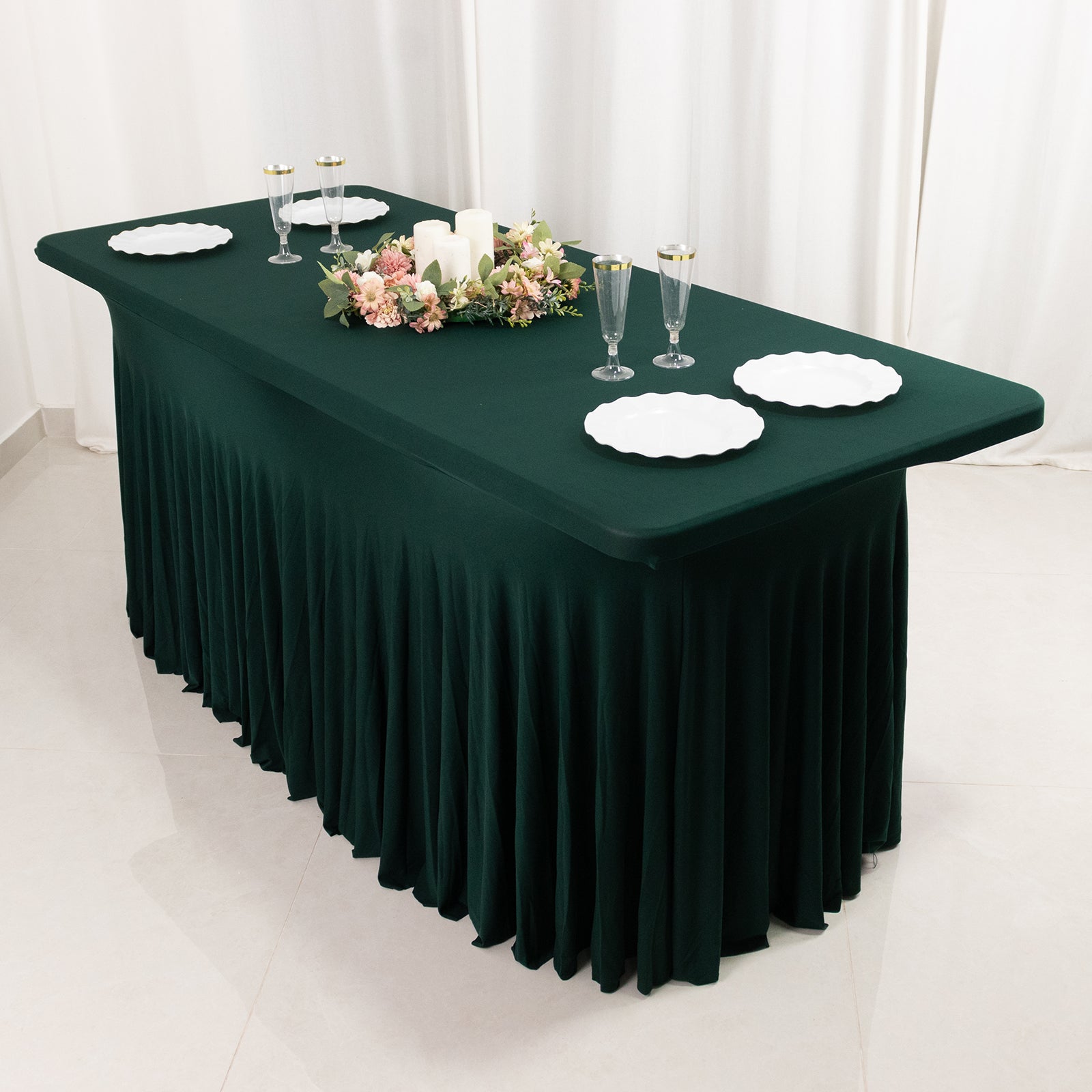 Spandex Rectangle 72x30 Table Skirt Hunter Emerald Green with Wavy Skirt-Like Effect Table Cover