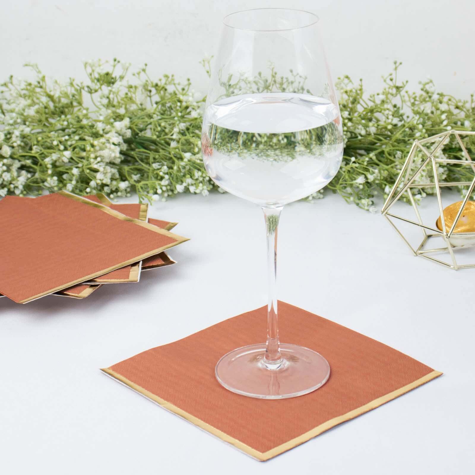 50-Pack Paper Beverage Napkins with Gold Foil Edge Terracotta (Rust) - Disposable 2 Ply Cocktail Napkins for Events 6.5x6.5