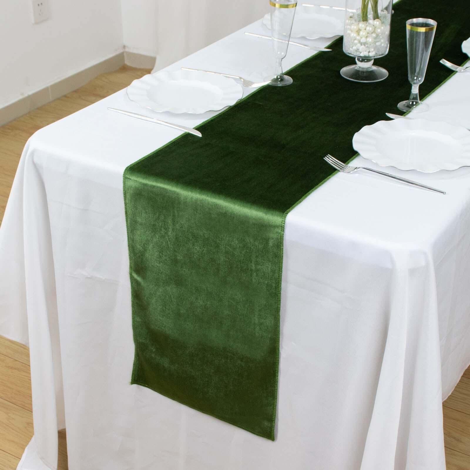 Premium Velvet 12x108 Table Runner Olive Green - Sheen Finish Reusable Table Decor