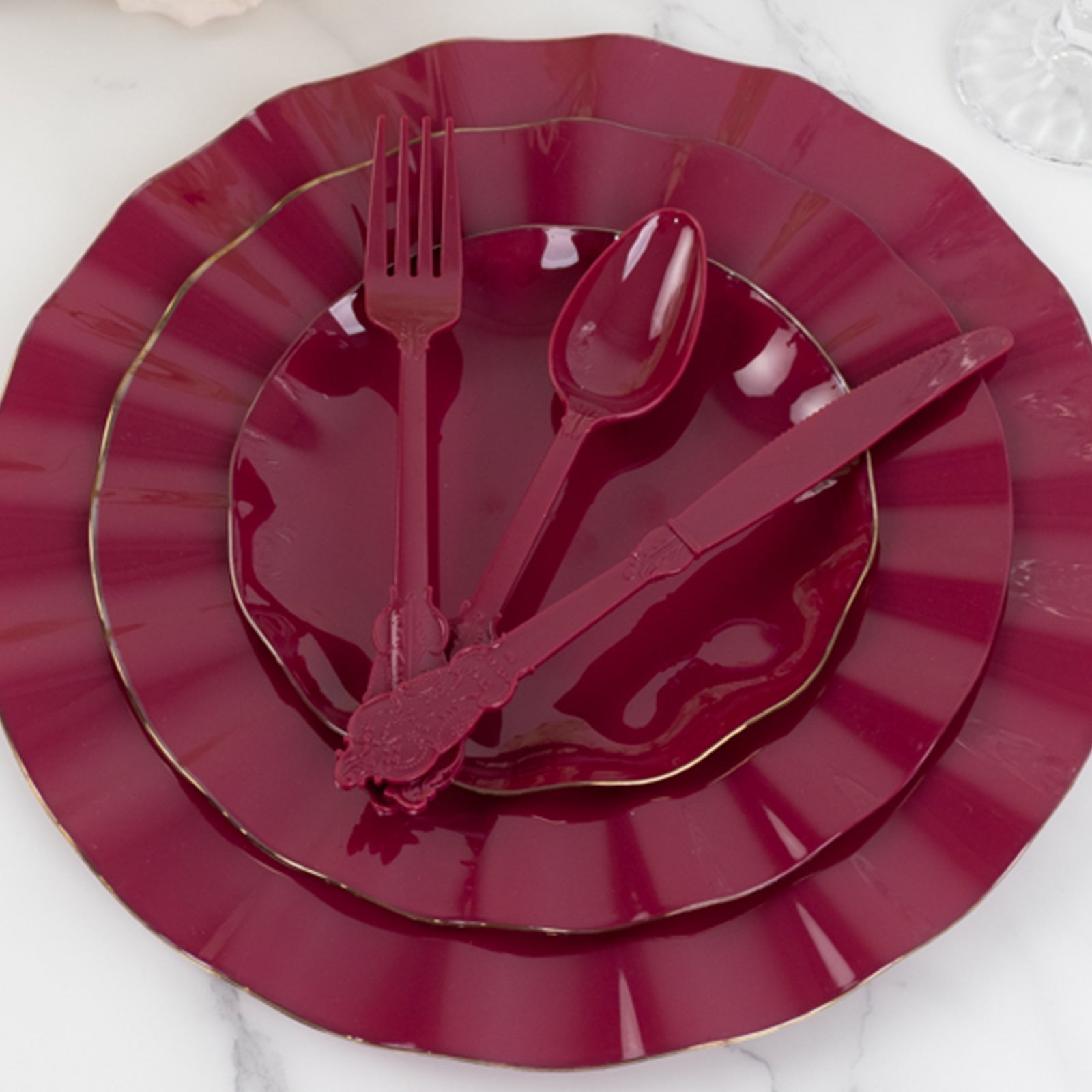 72 Pcs Plastic Silverware Set in Baroque Style Burgundy - Heavy Duty Disposable Knife, Fork, and Spoon Set