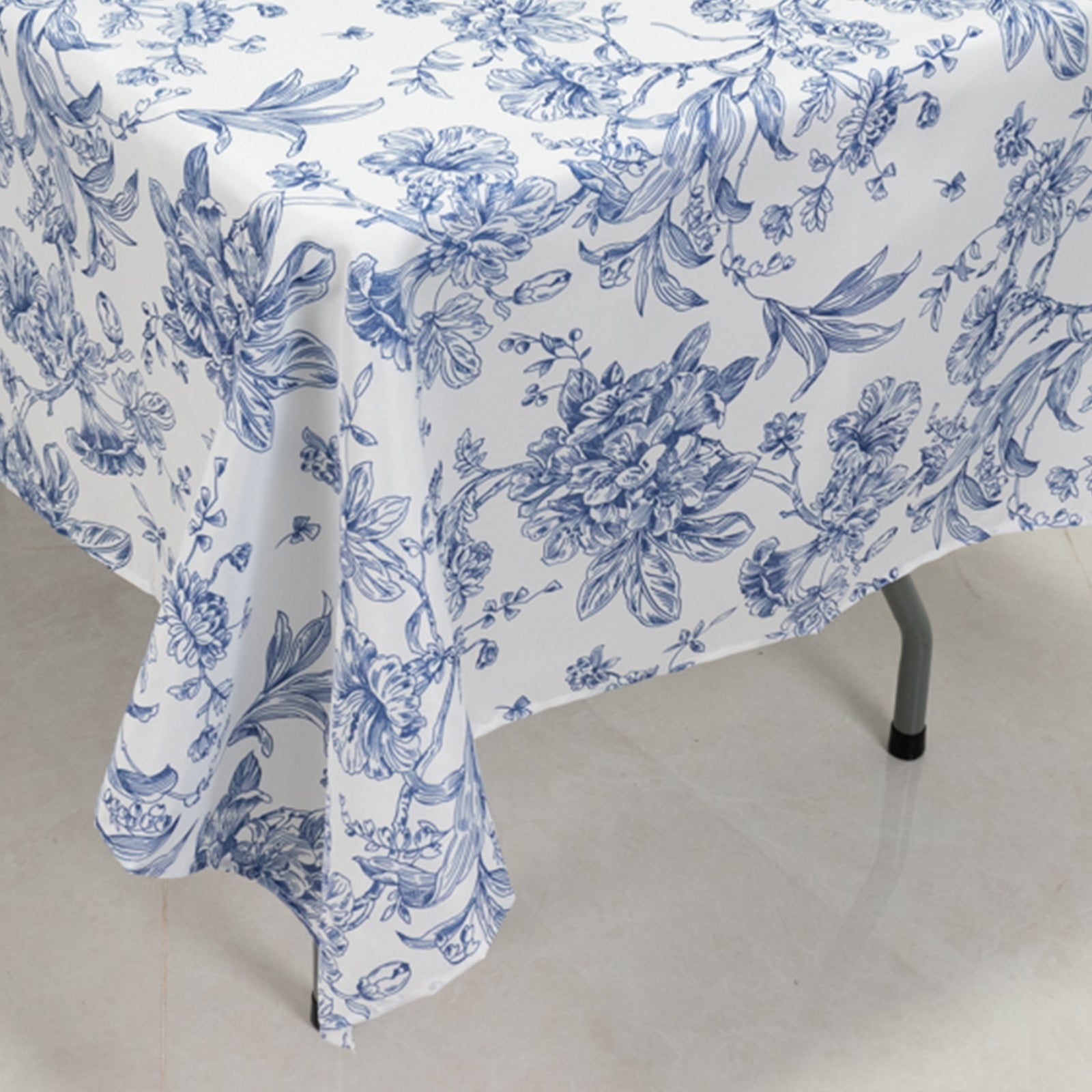 Polyester 60x102 Rectangle Tablecloth White - Blue French Toile Pattern for Elegant Gatherings