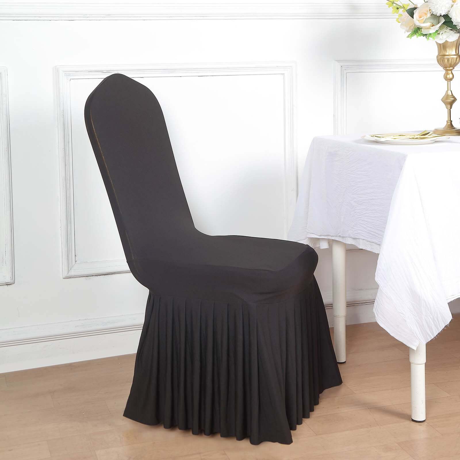 Spandex Chair Cover with Ruffle Pleated Skirt for Banquet Chairs Black - 1-Piece Stretch Fitted Slipcover