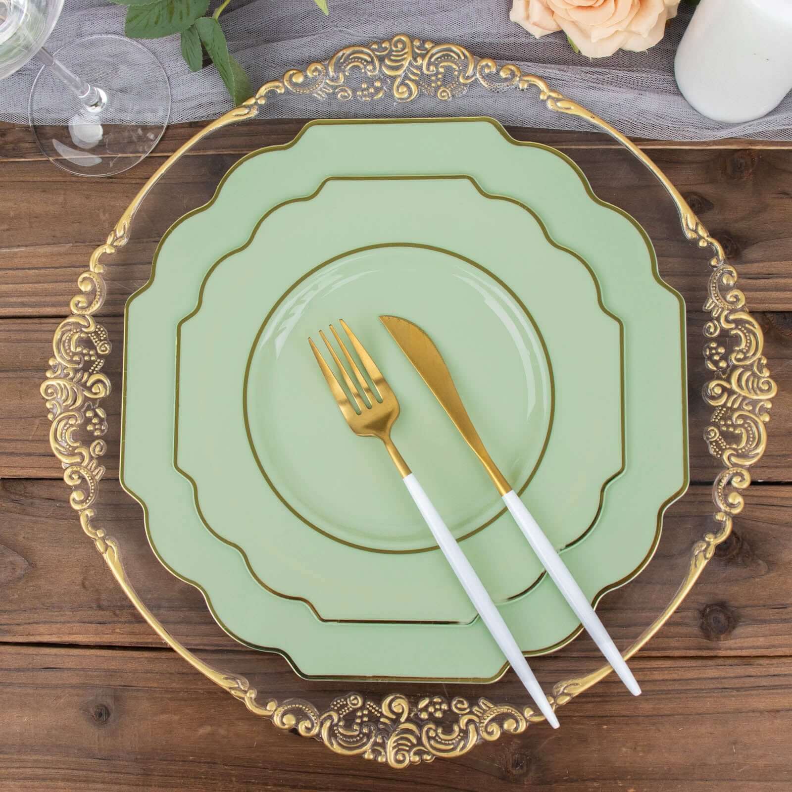 10-Pack Plastic Dinner Plates in Sage Green Baroque Design with Scalloped Gold Rim - Heavy Duty Disposable Party Plates 11