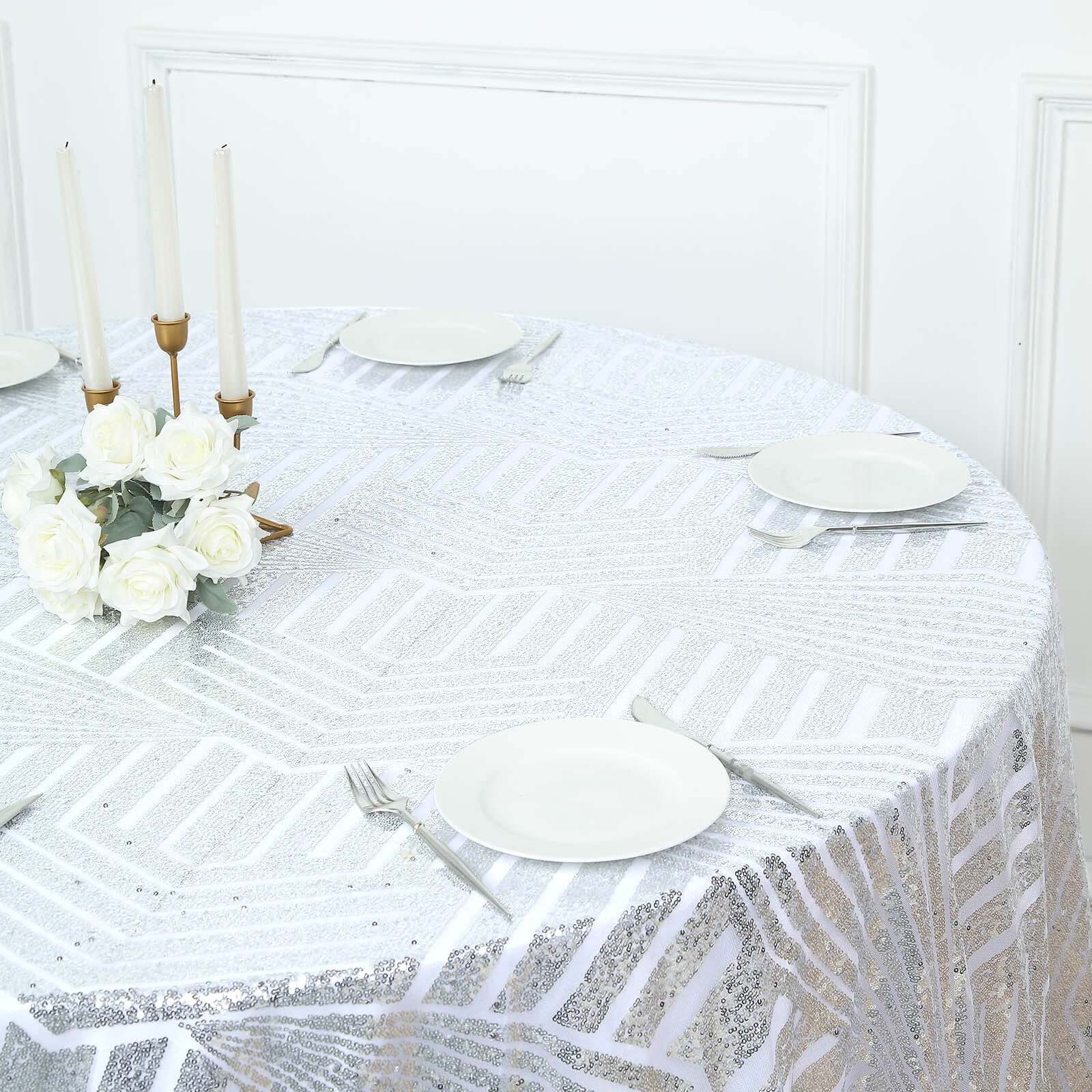Sequin 120 Round Tablecloth Silver - Seamless Diamond Glitz Table Cover