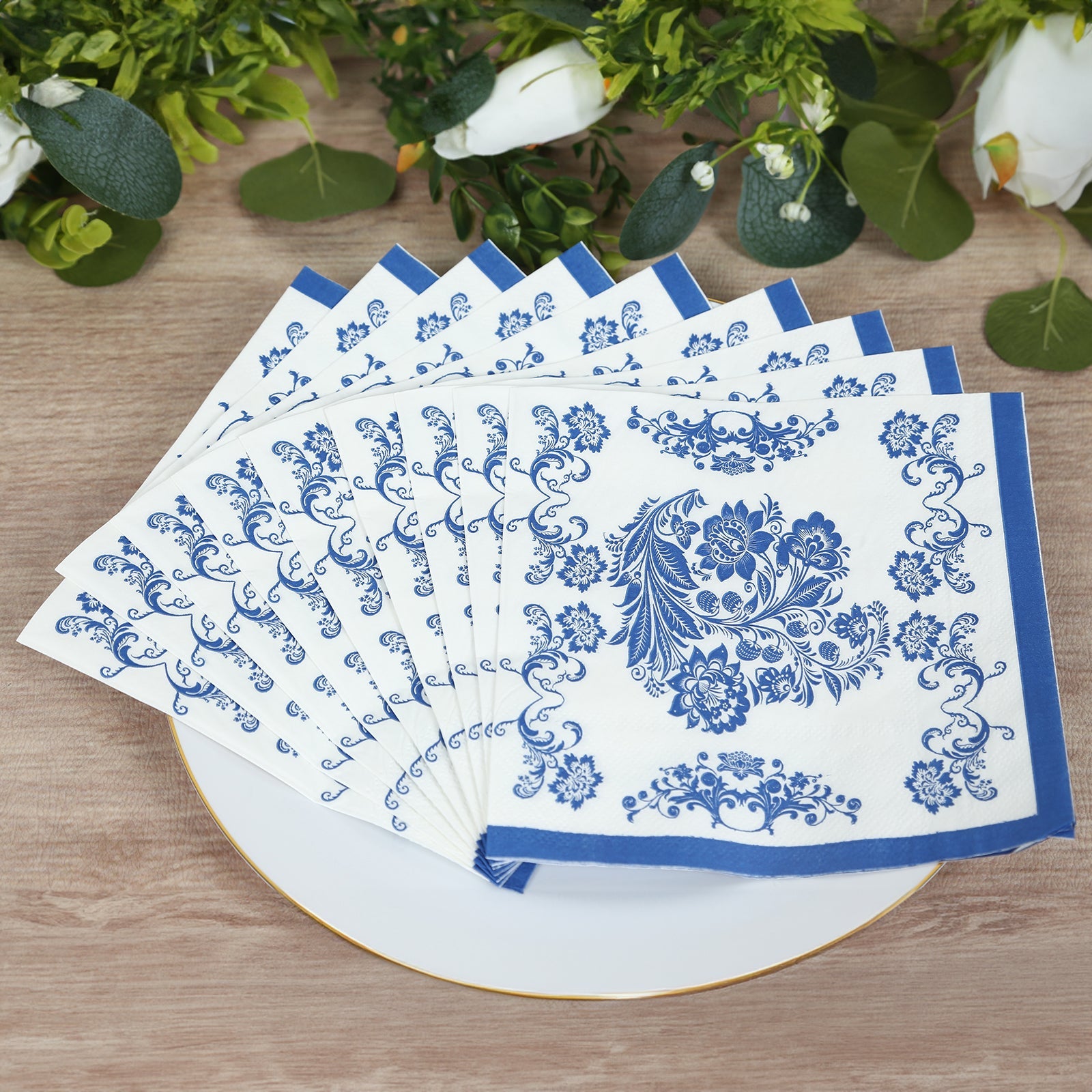 50 Pack 2-Ply Paper Beverage Napkins in White Royal Blue Damask Pattern, Disposable Cocktail Napkins - Highly Absorbent & Soft