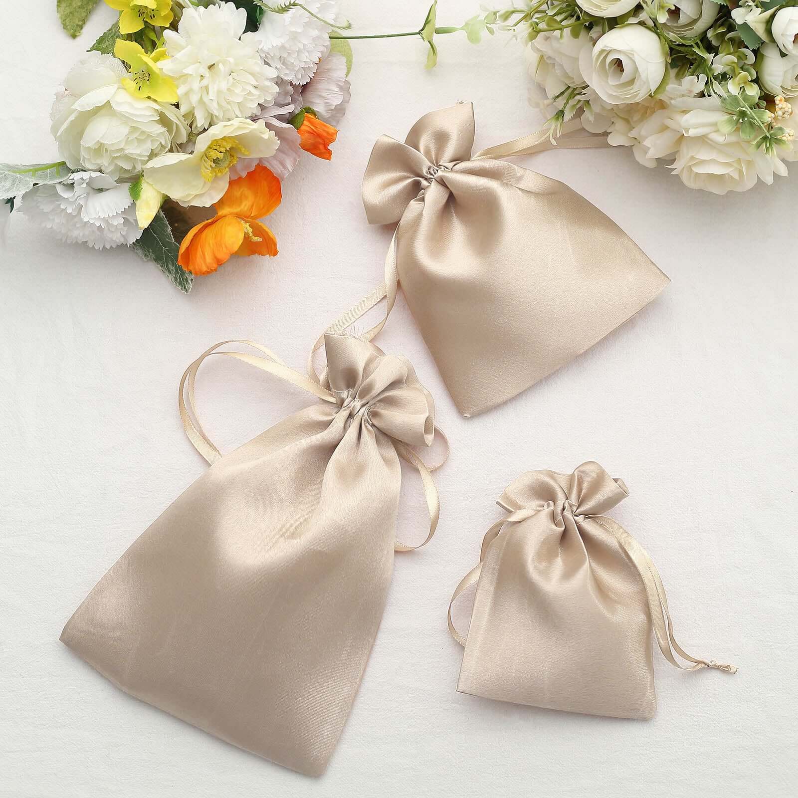 12 Pack 6x9 Beige Satin Drawstring Wedding Party Favor Gift Bags