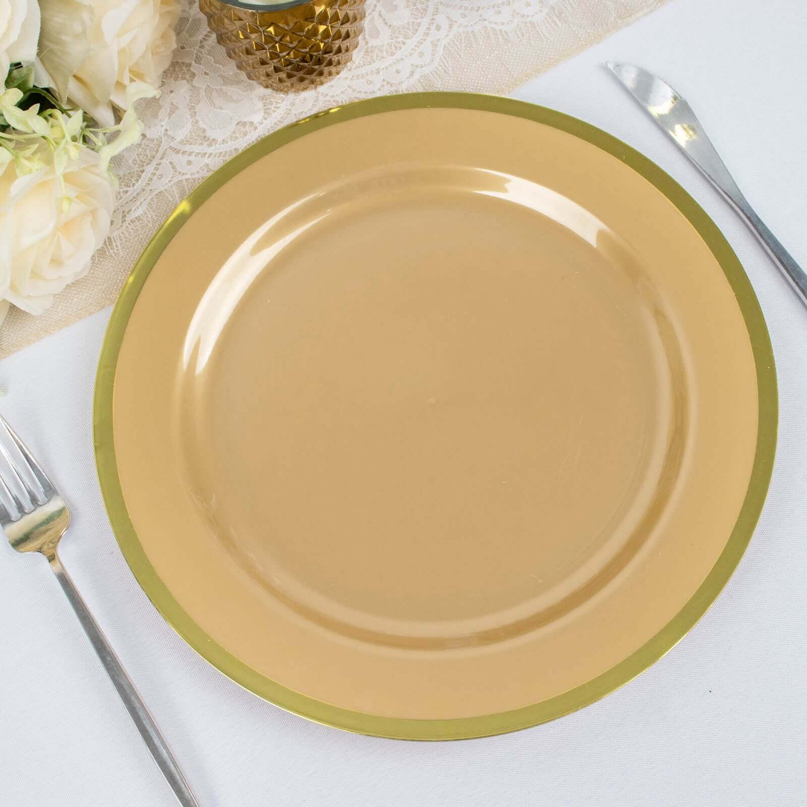 10-Pack Plastic 10 Round Dinner Plates in Gold with Gold Rim - Disposable Party Plates for Classy Banquets & Special Occasions