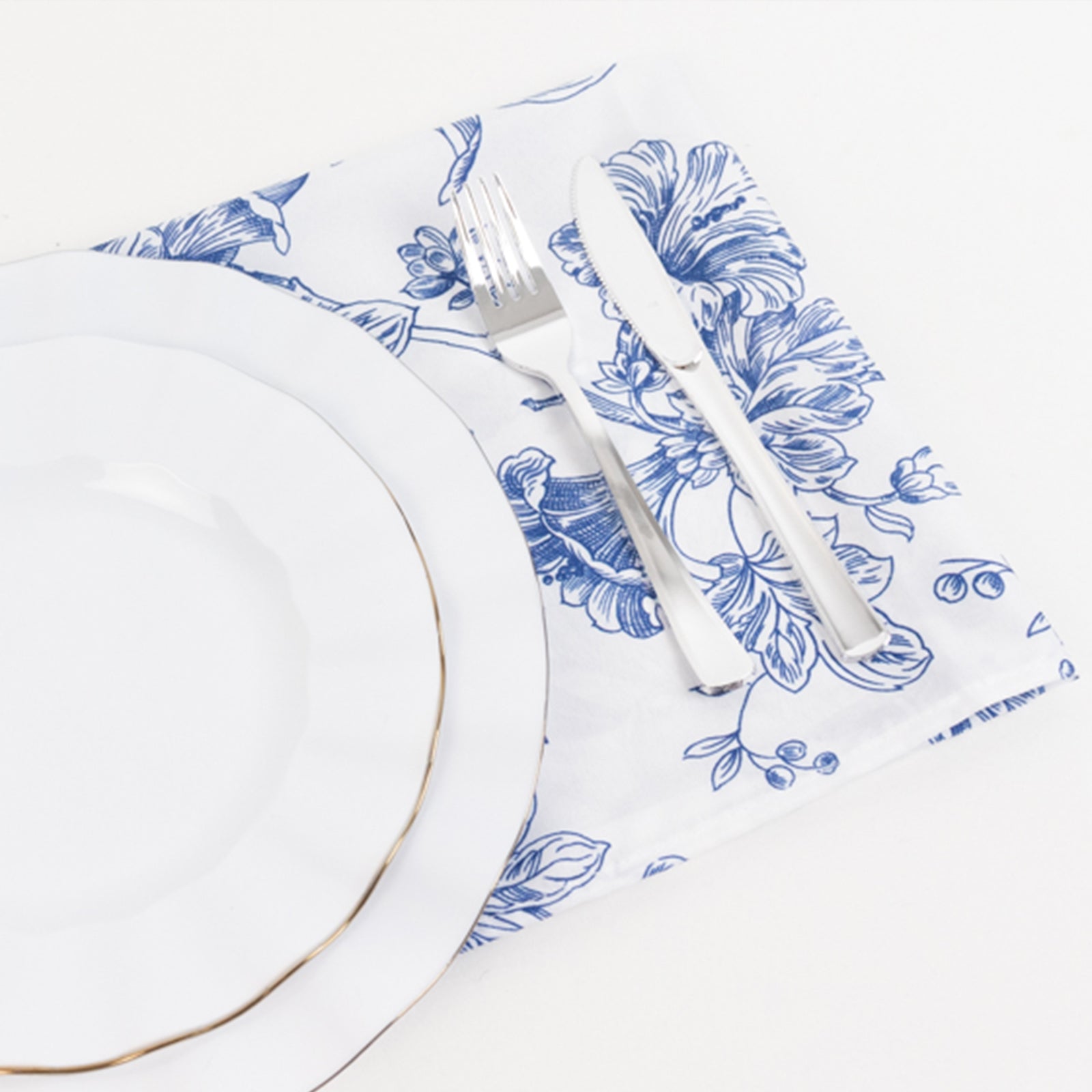 5 Pack Polyester 20x20 Dinner Napkins White with Blue French Toile Pattern - Reusable Floral Cloth Napkins