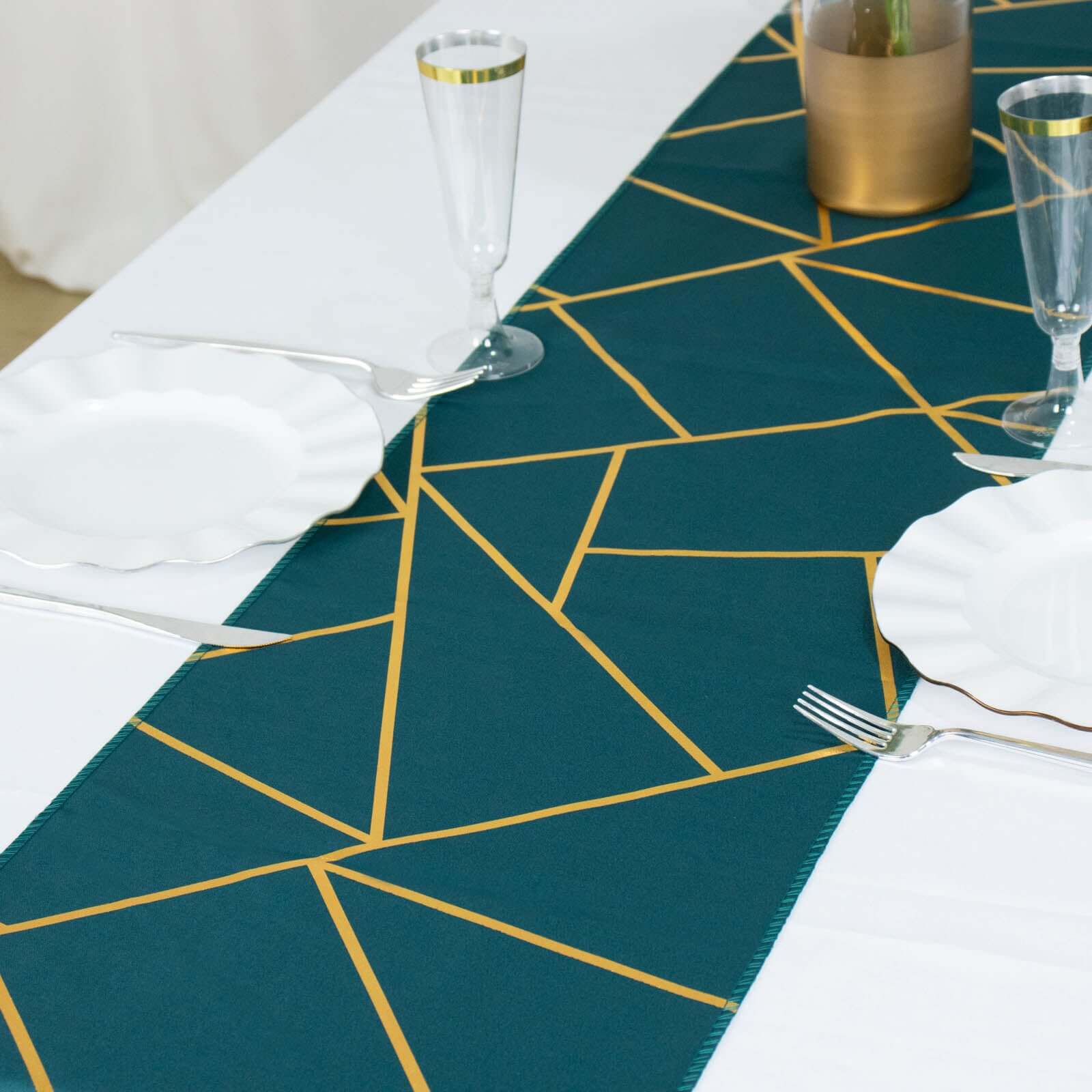 Polyester 9ft Table Runner Peacock Teal with Gold Foil Modern Geometric Accent