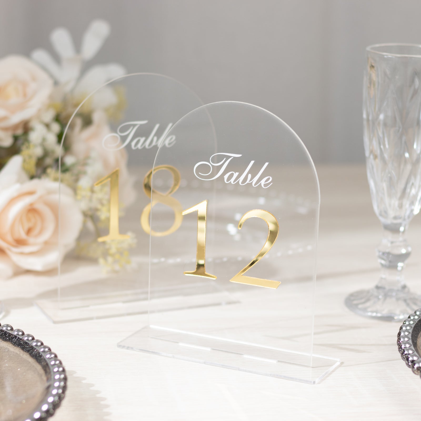 Clear Arch Acrylic Table Numbers (11-20) - 6x7 Wedding Reception Signs with Gold Print & Stands