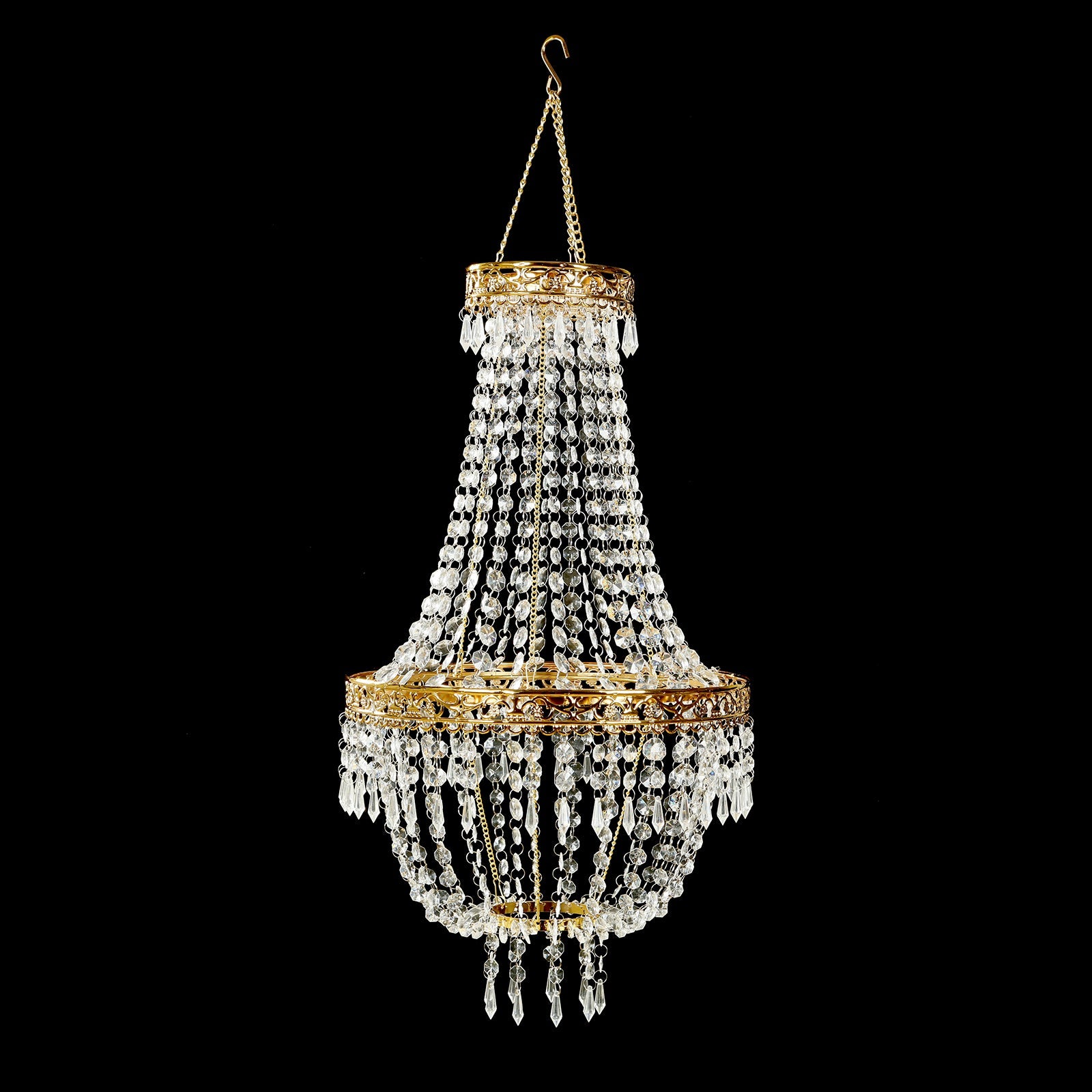 2ft Empire Style Beaded Crystal Chandelier with Gold Ornate Metal Frame, Adjustable Hanging Farmhouse Pendant Ceiling Lighting