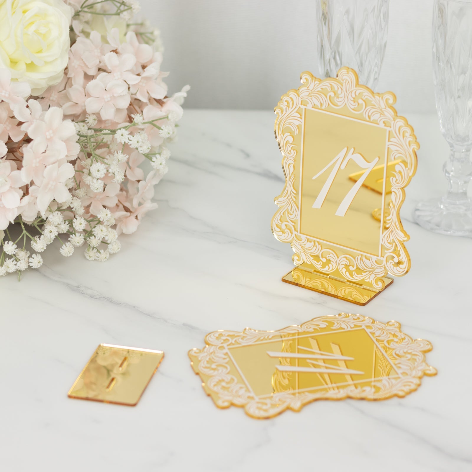 Gold Mirror Arch Acrylic Table Numbers (11-20) - 5x7 Wedding Reception Signs with Baroque Lace Border, White Print & Stands