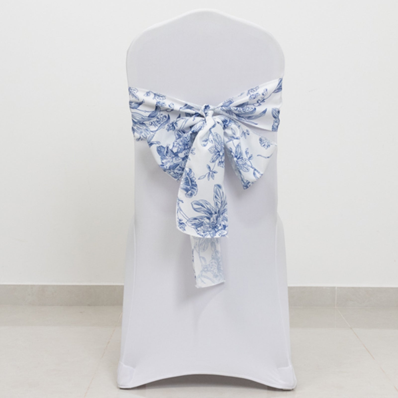 Polyester Chair Sashes White/Blue French Toile Floral Design - Wrinkle-Resistant & Durable Chair Bows for Exquisite Weddings & Banquets 6x108