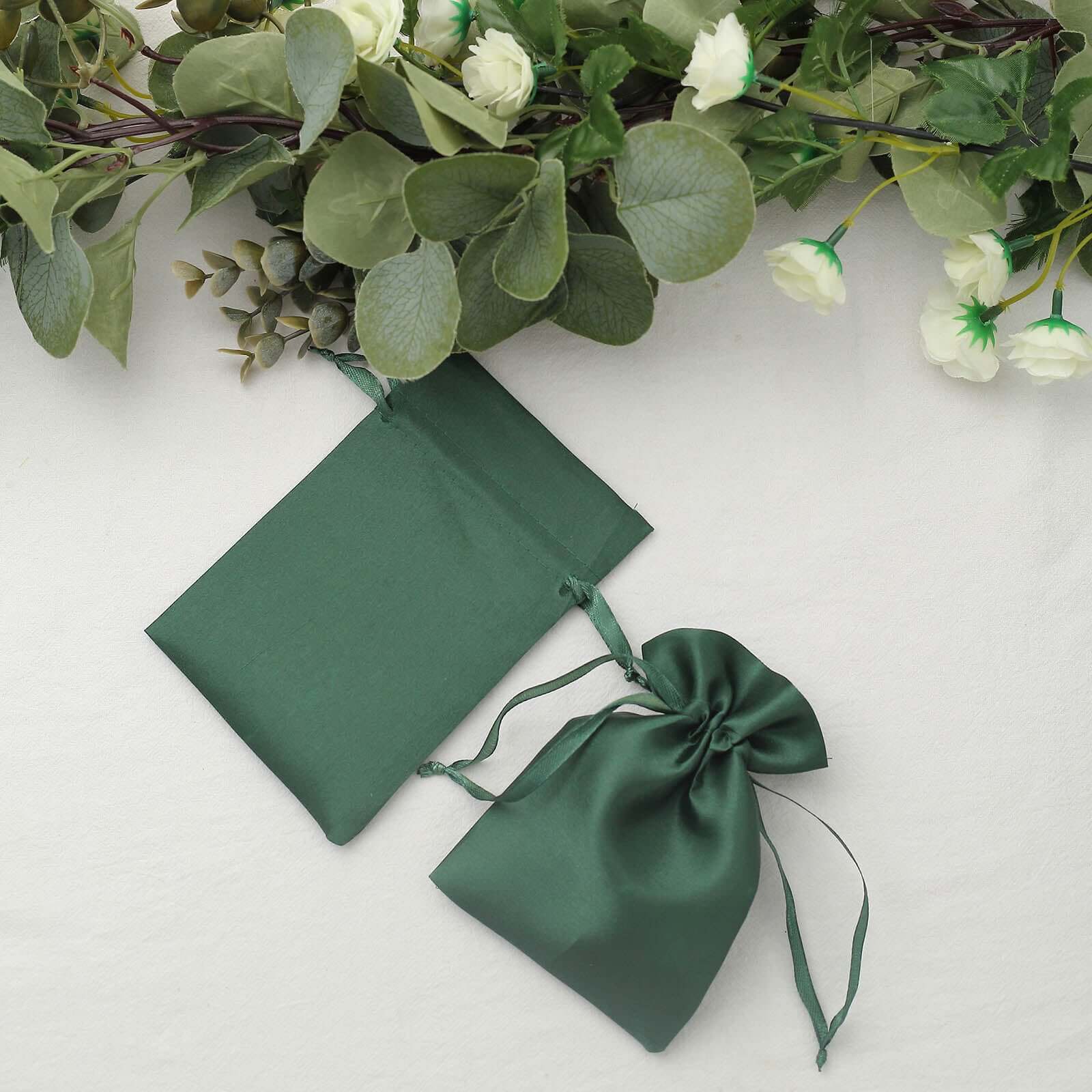 12 Pack 4x6 Hunter Emerald Green Satin Wedding Party Favor Bags, Drawstring Pouch Gift Bags