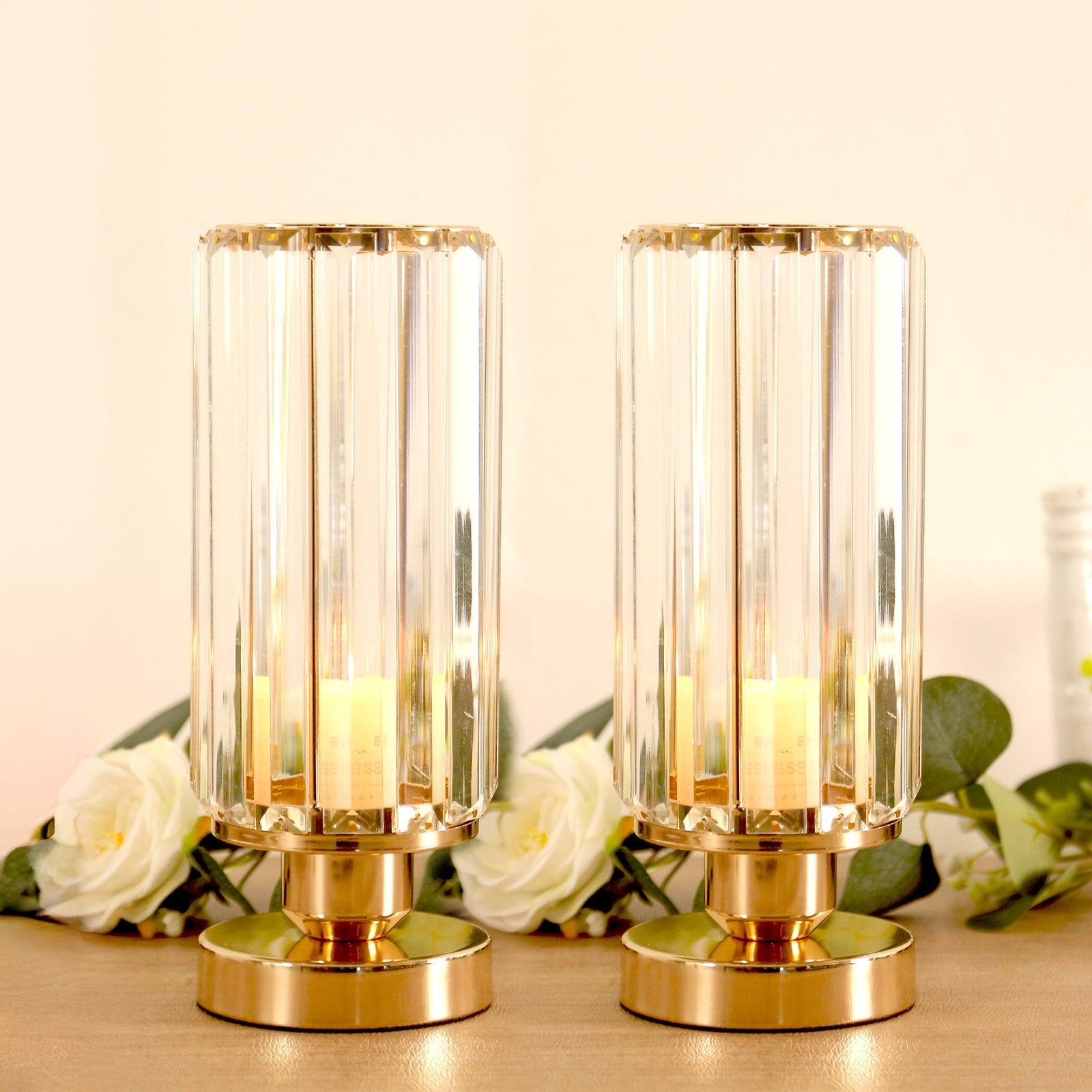 2 Pack 11 Crystal Pendant Hurricane Candle Holders in Gold, Elegant Cylinder Design for Pillar Candles, Short-Stemmed, Decorative Table Centerpieces