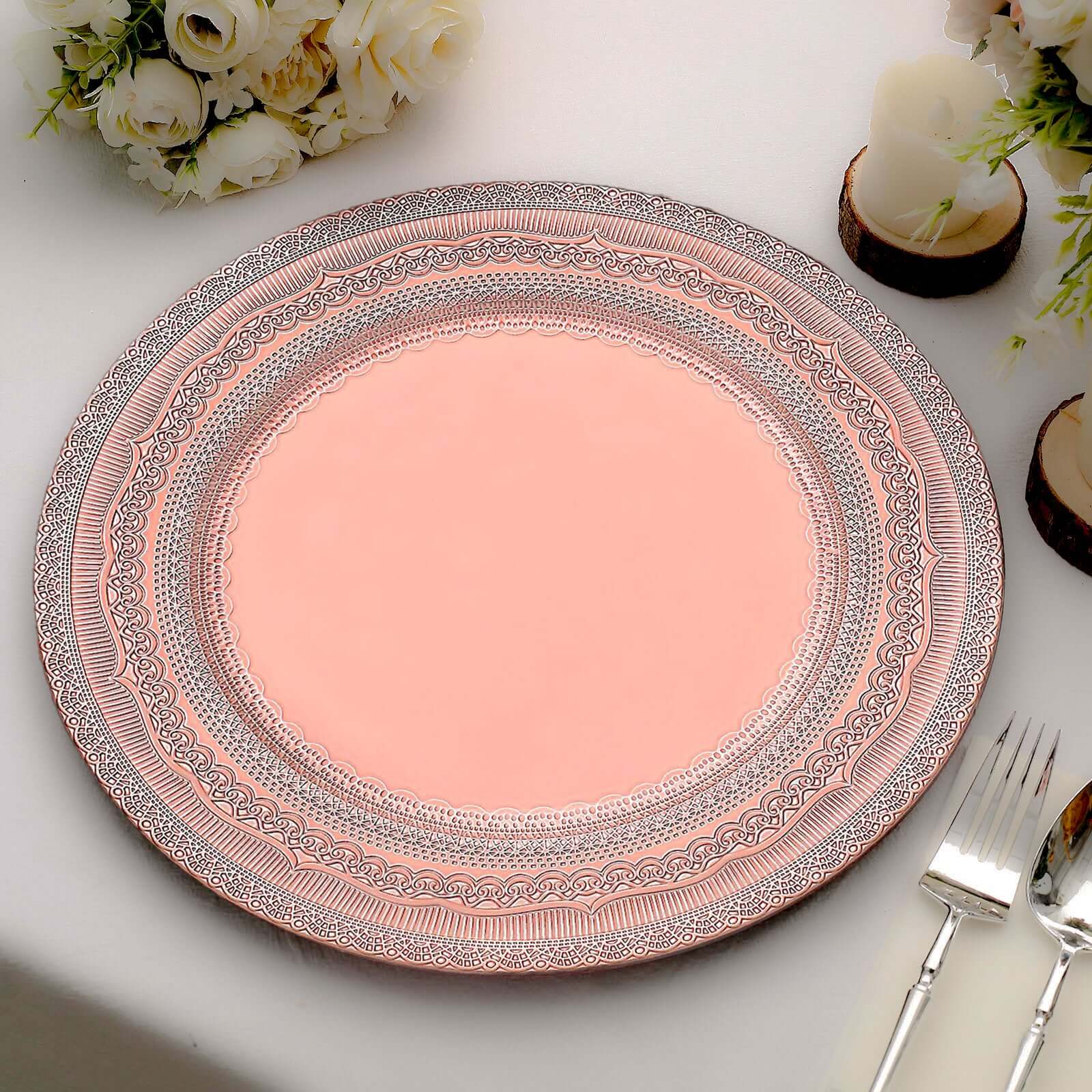 6-Pack Acrylic Round Charger Plates 13 in Rose Gold with Lace Embossed Rim, Rustic Plastic Decorative Charger Tableware