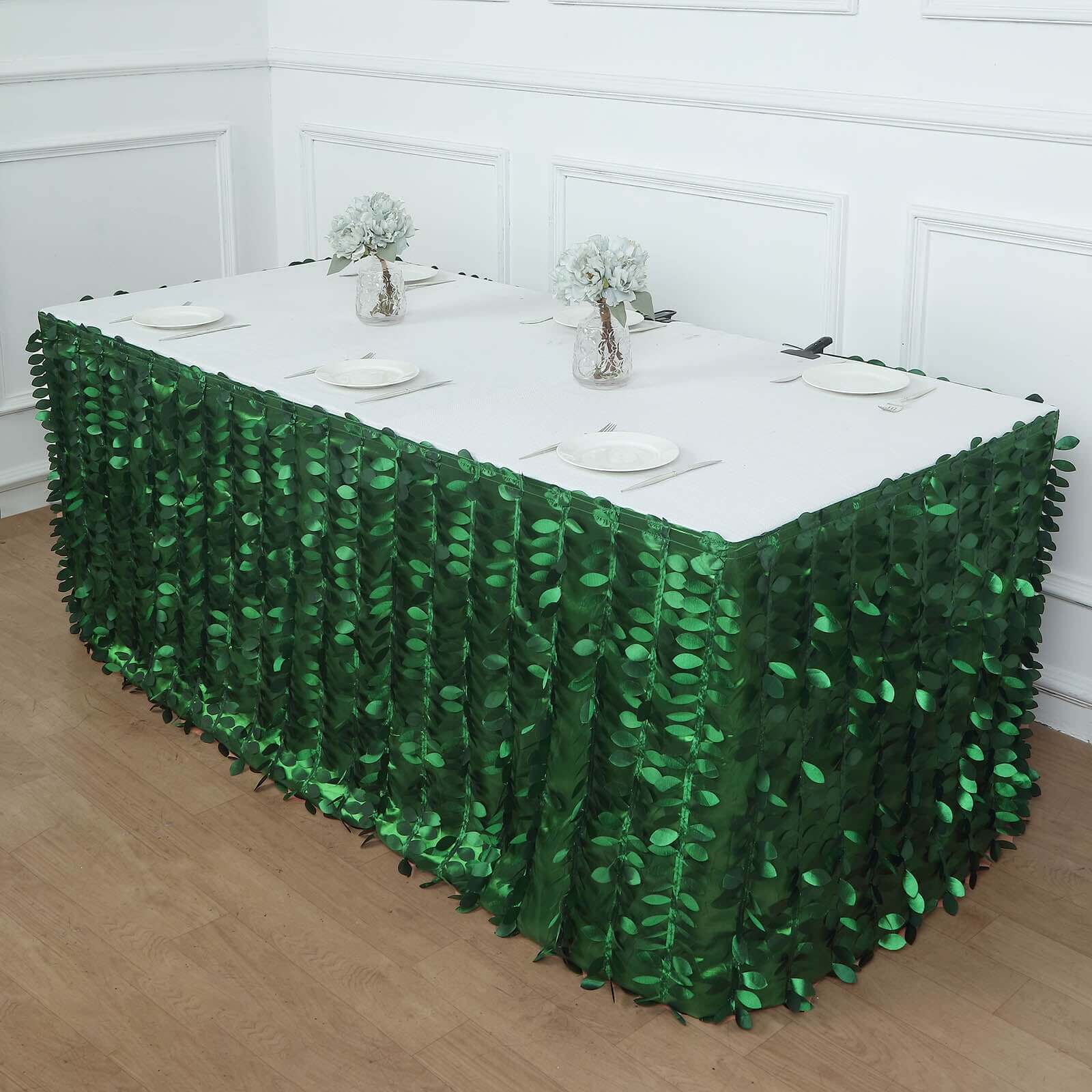 Taffeta Fabric 17ft Table Skirt Green 3D Leaf Petal Design - Exquisite & Stylish Event Table Cover