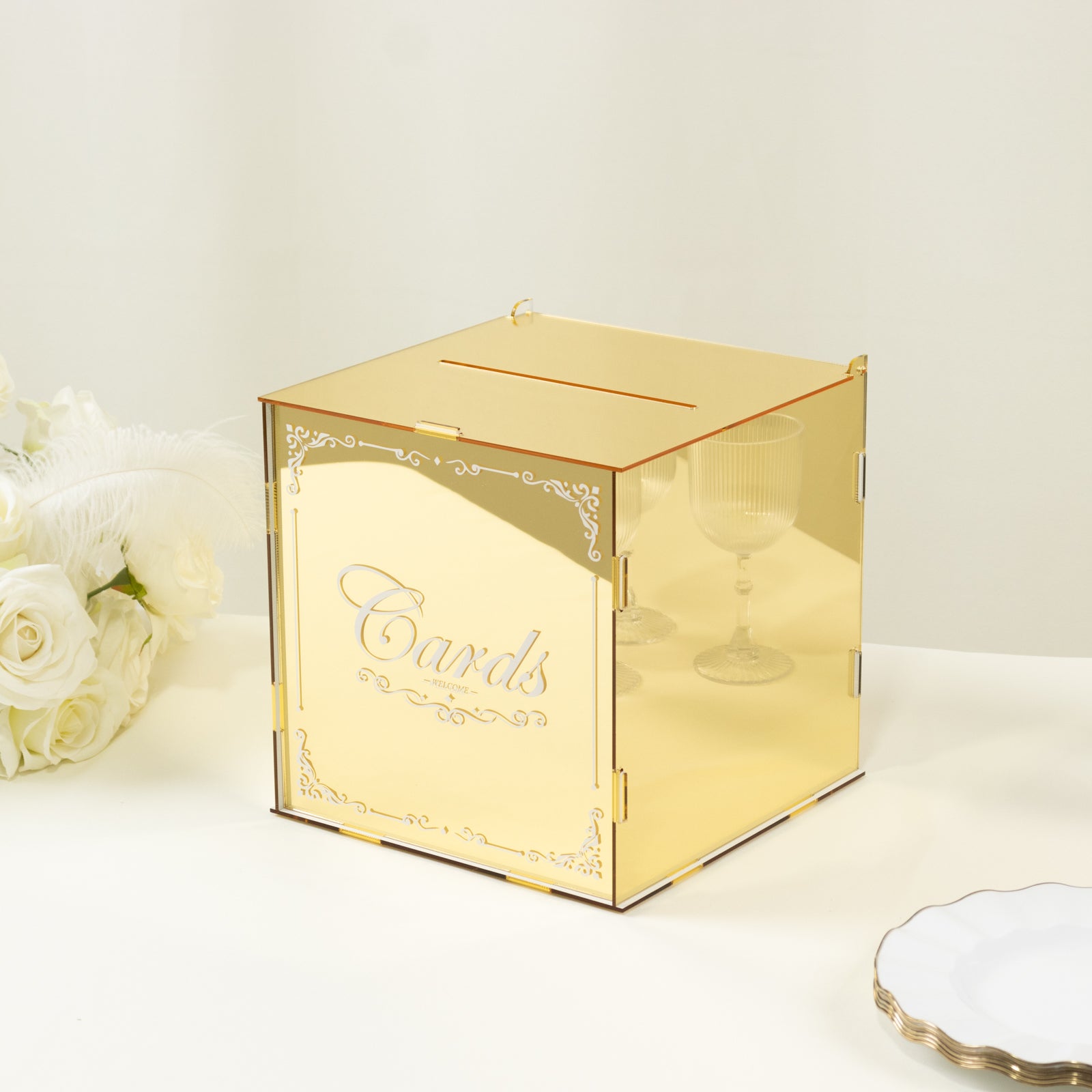 10 Gold Mirror Acrylic Wedding Card Box with Slot - Wishing Well Money Box for Reception, Graduation, and Events