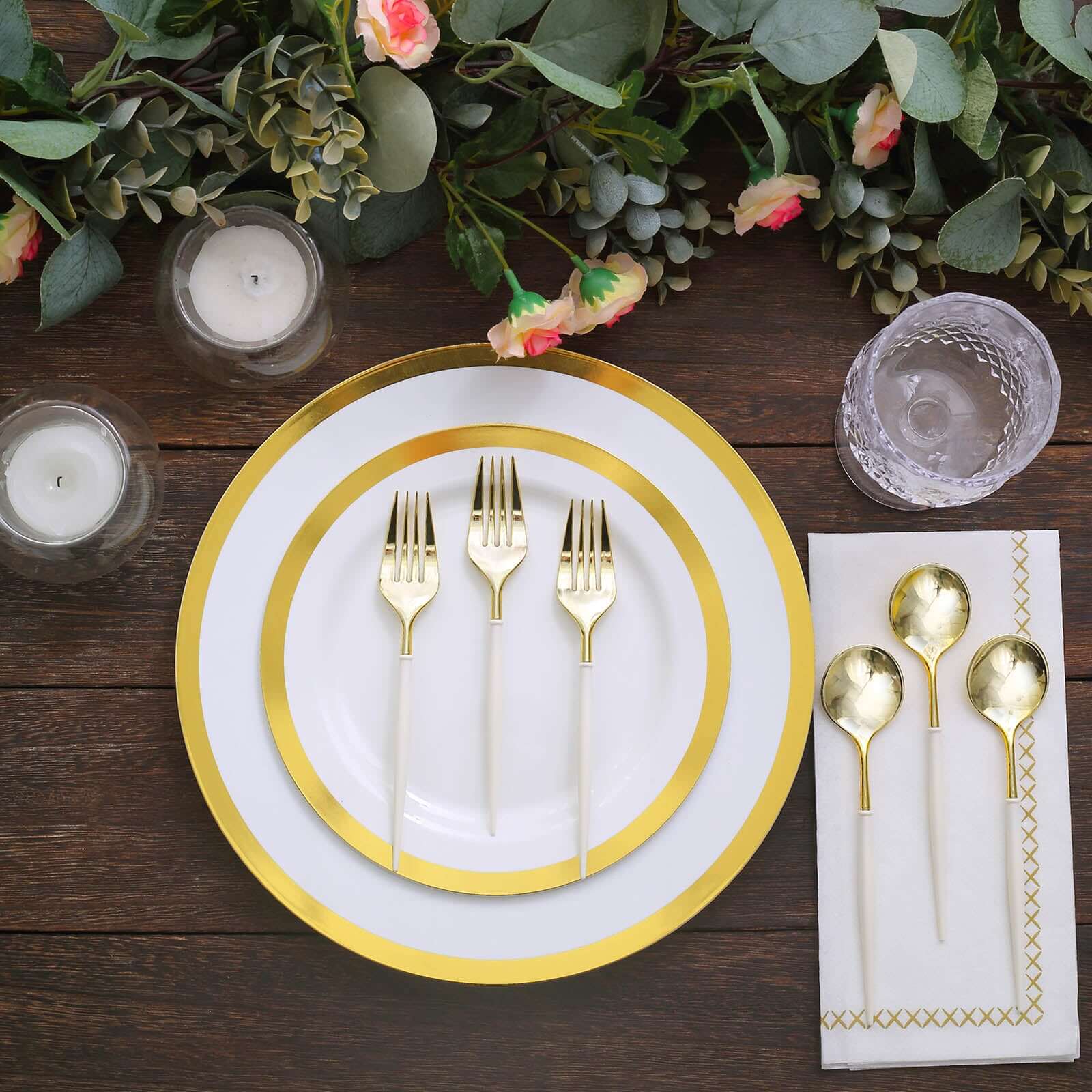 24-Pack Plastic Fork and Spoon Set Gold/Ivory - Heavy Duty Disposable Modern Utensils 6