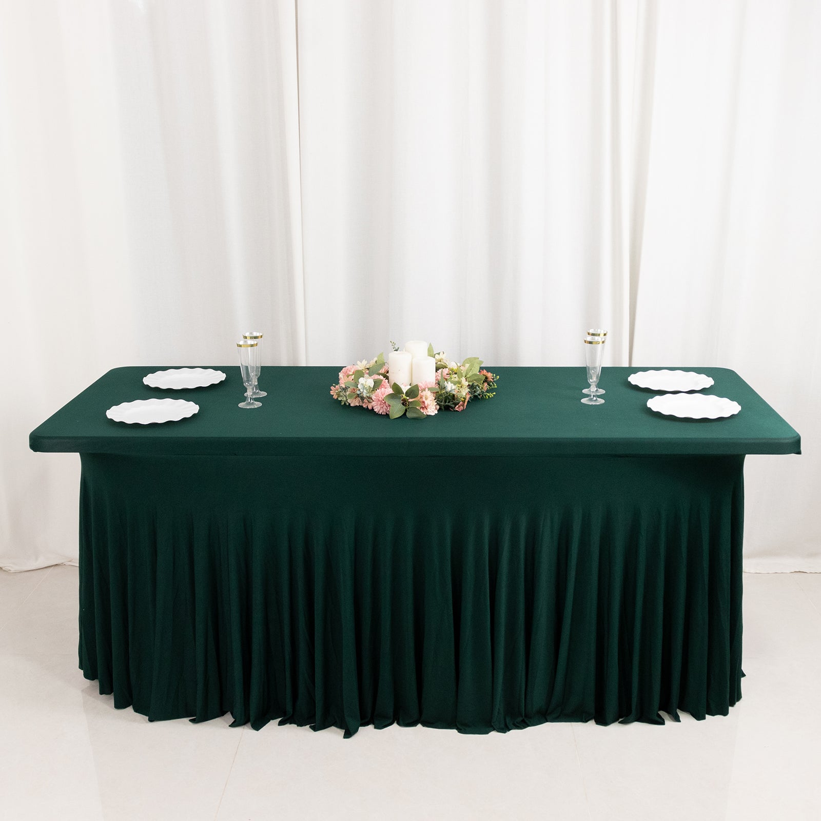 Spandex Rectangle 72x30 Table Skirt Hunter Emerald Green with Wavy Skirt-Like Effect Table Cover