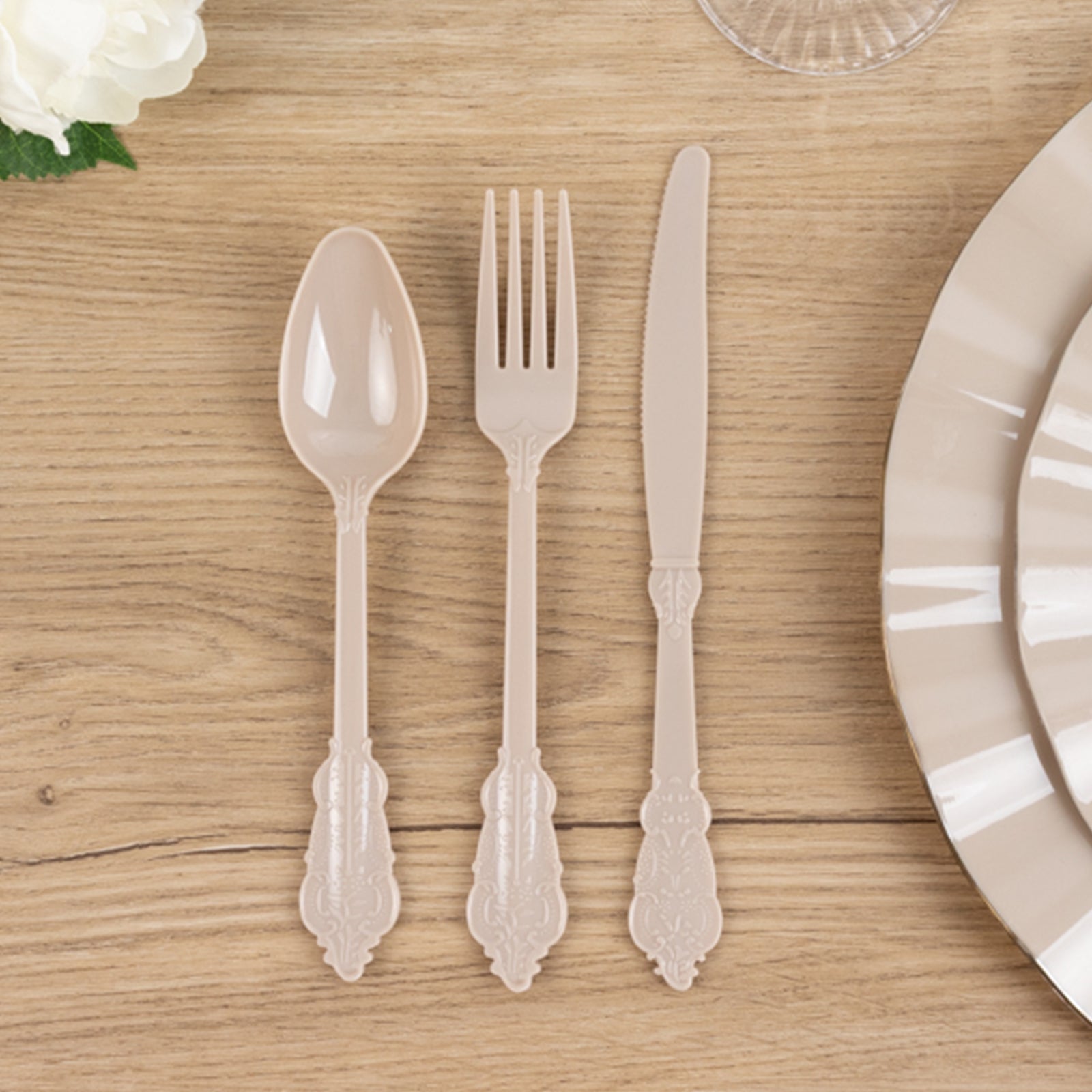 72 Pcs Plastic Silverware Set in Baroque Style Taupe - Heavy Duty Disposable Knife, Fork, and Spoon Set