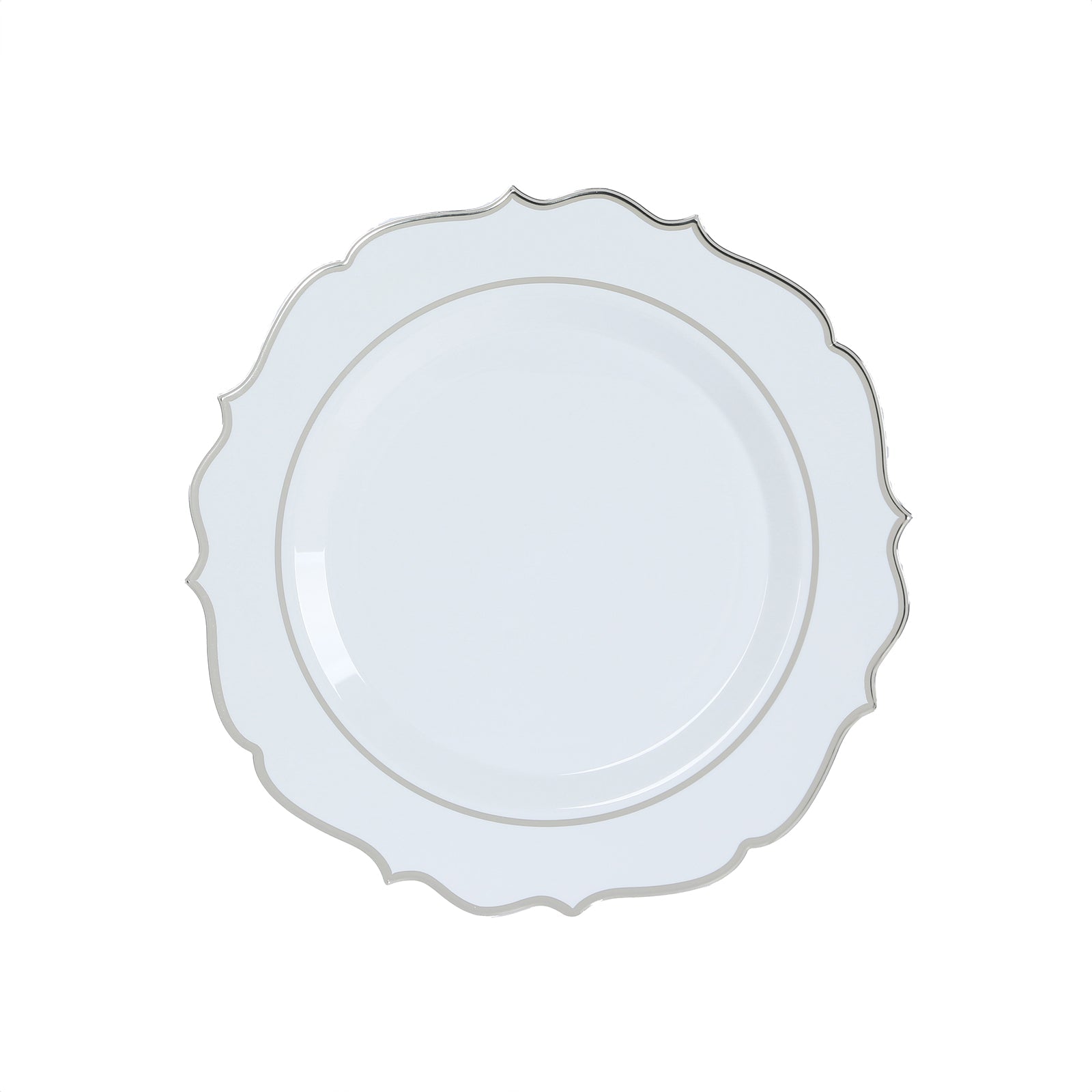 10-Pack Economy Plastic Round Charger Plates 13 in White with Silver Scalloped Rim, Decorative Dinner Party Serving Plates