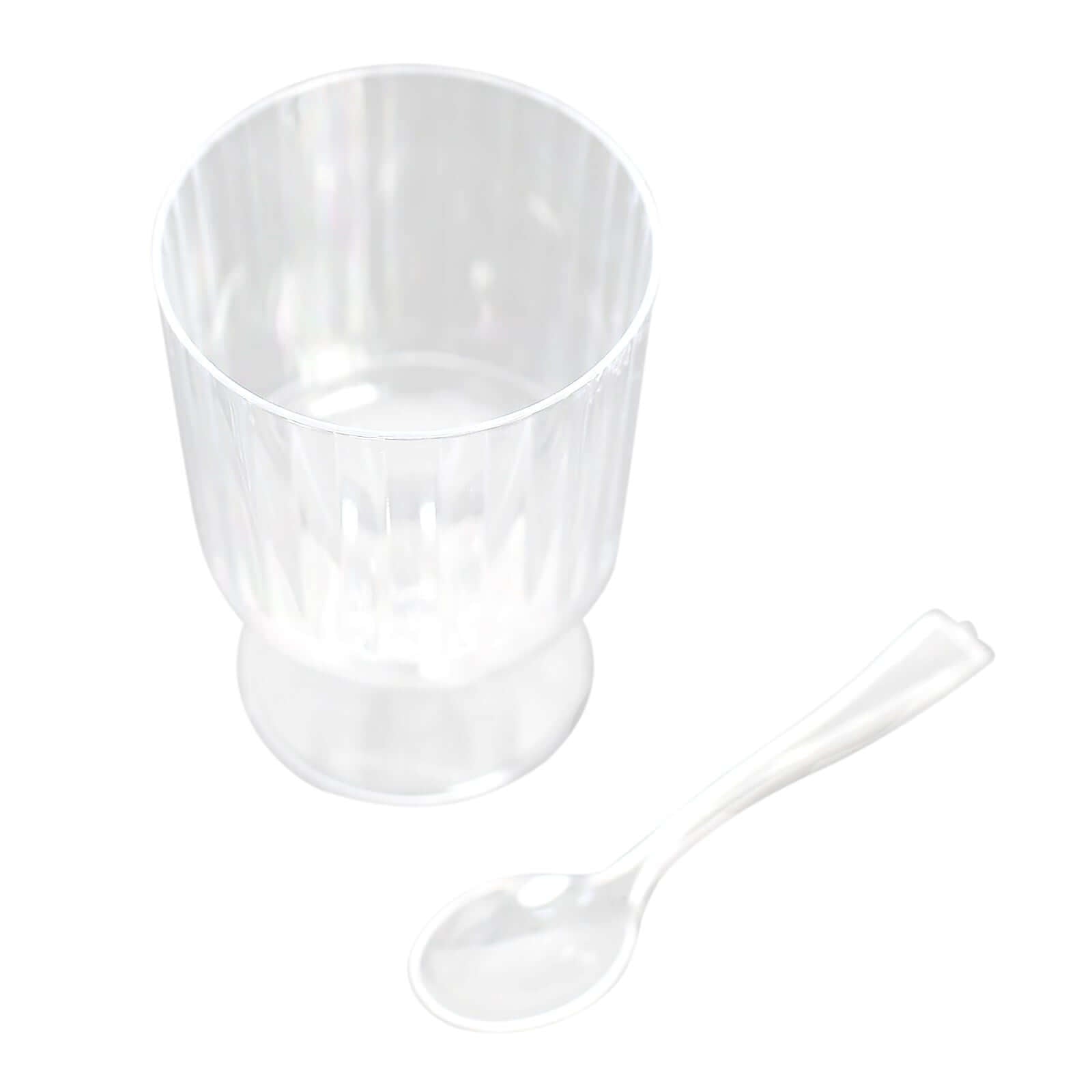 24-Pack Plastic Dessert Cups Clear Ribbed Design with Pedestals - Disposable Mini Snack Cup and Spoon Set for Catering Events & Banquets 5oz