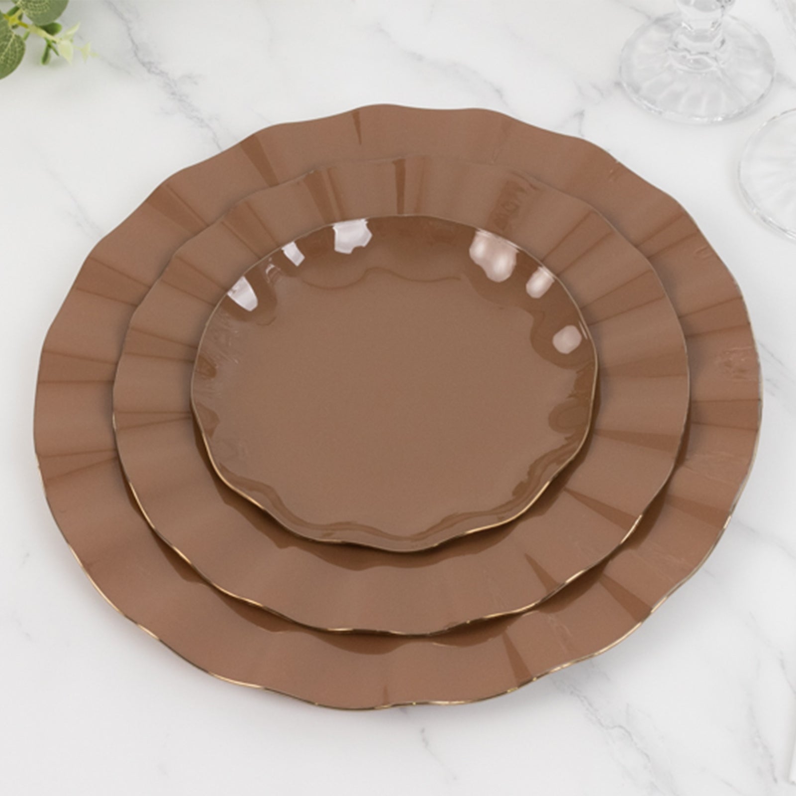 10-Pack Plastic Round 6 Dessert Plates in Coffee Brown Ruffled Rim with Gold Edging - Sturdy Disposable Salad Appetizer Dinnerware