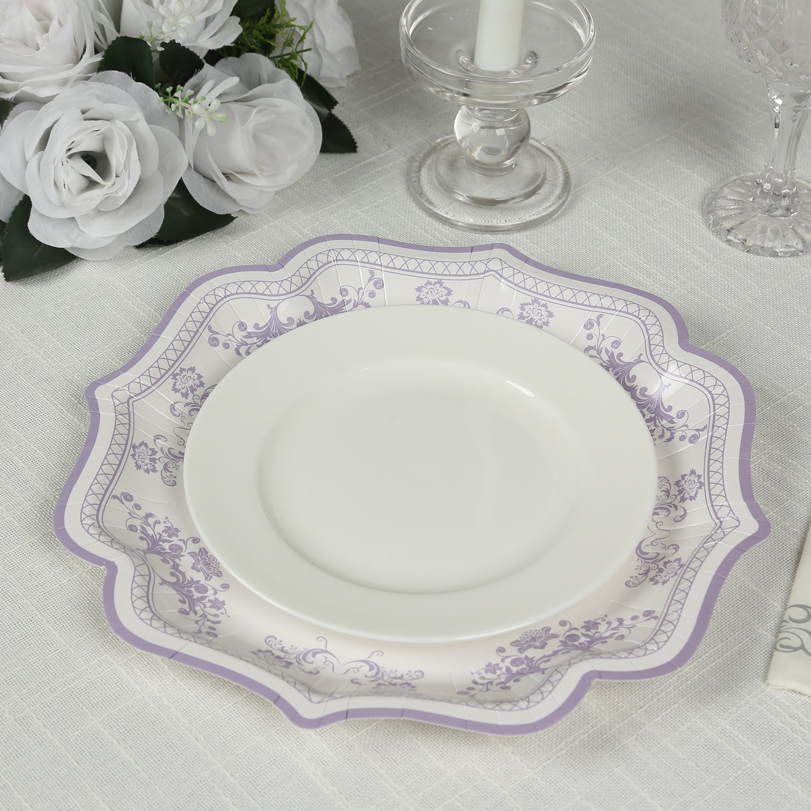 25-Pack Paper Dinner Plates in White with Lavender Lilac French Toile Print & Scallop Rim - Stylish Disposable 300GSM Floral Party Plates 10