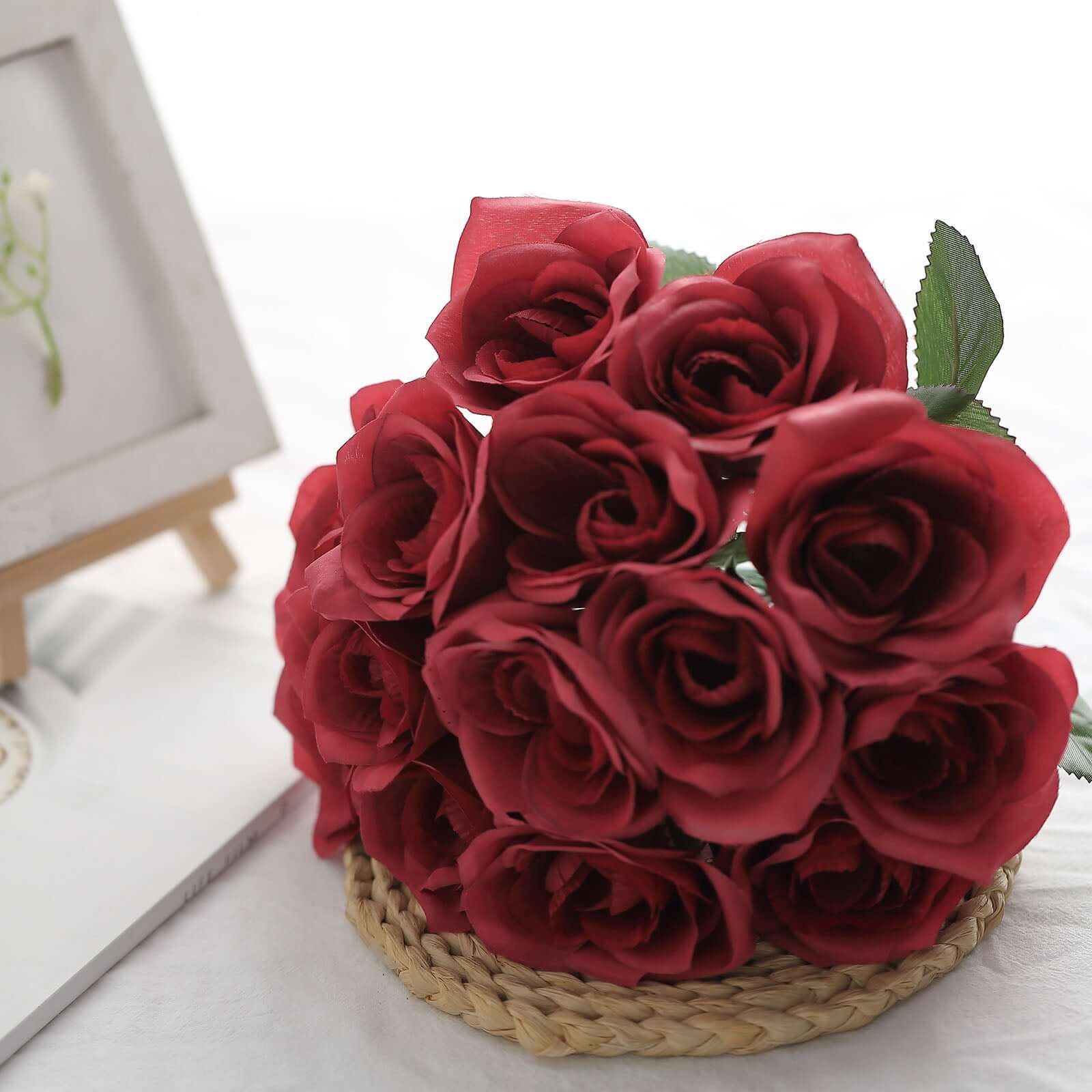 12 Red Artificial Velvet-Like Fabric Rose Flower Bouquet Bush