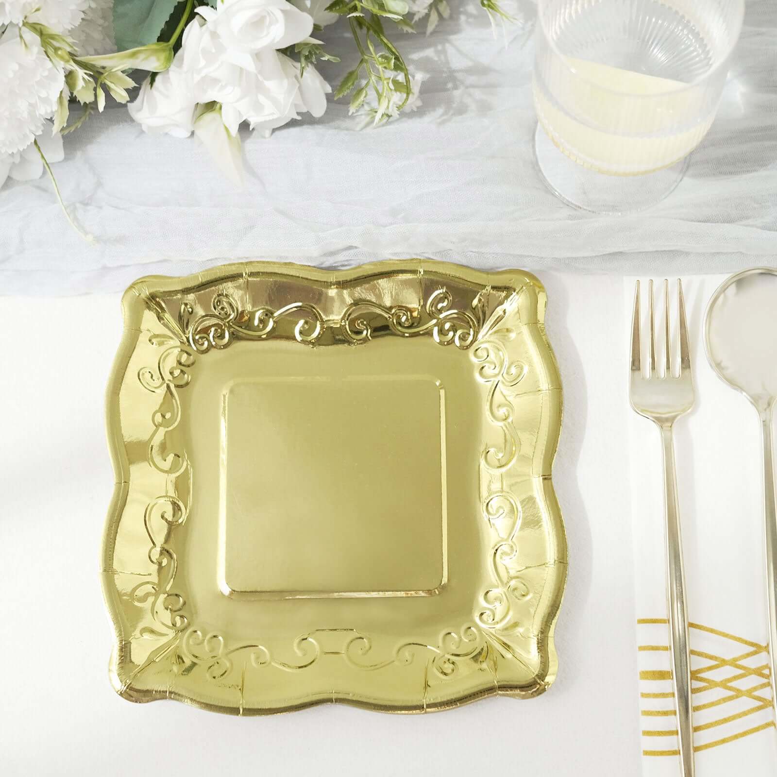 25-Pack Paper 7 Square Dessert Plates in Gold with Vintage Pottery Embossed Design - Shiny Metallic Disposable Appetizer Plates for Luxe Gatherings & Celebrations