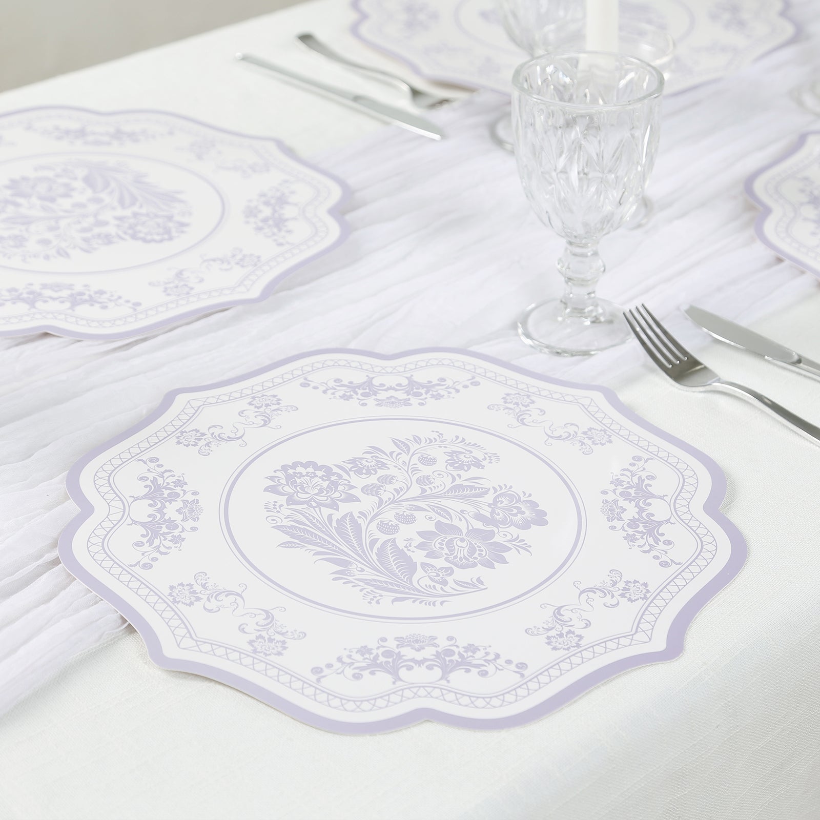 10-Pack Disposable Table Placemats 13 Round Placemats in White with Lavender French Toile Pattern & Scalloped Rim - 400GSM Cardboard Placemats for Stylish Table Setting