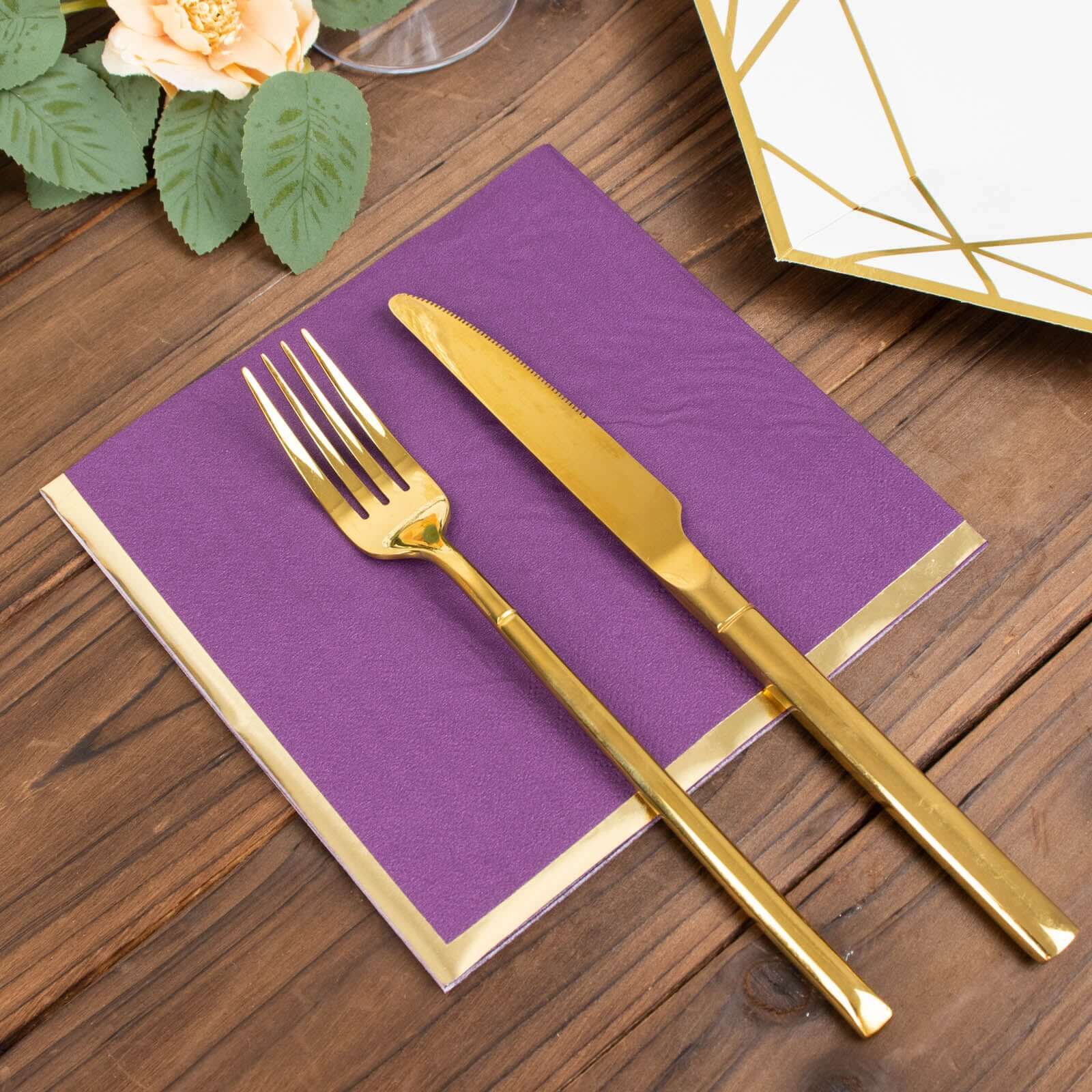 50-Pack Paper Beverage Napkins with Gold Foil Edge Purple - Disposable 2 Ply Cocktail Napkins for Events 6.5x6.5