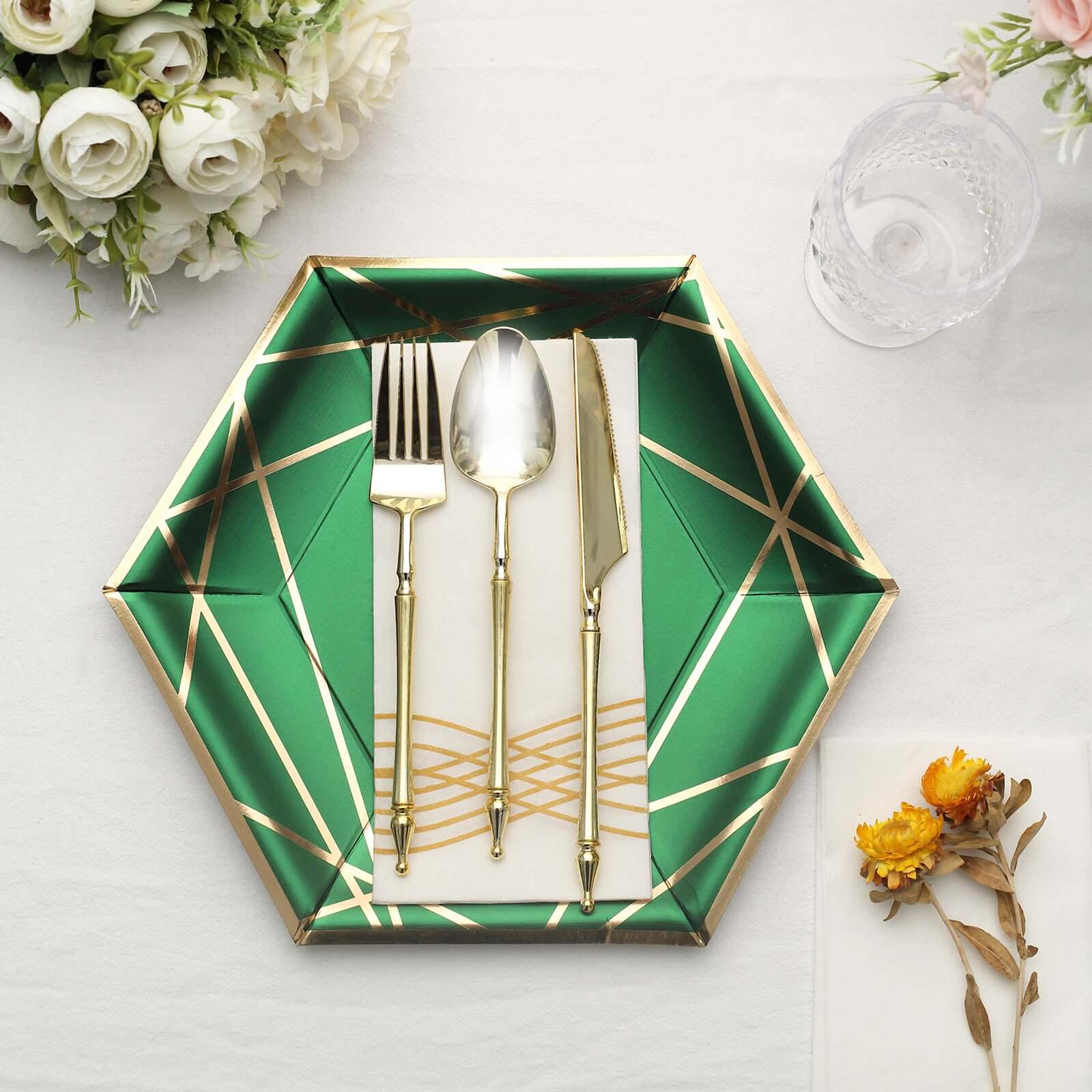 25-Pack Paper 9 Hexagon Dinner Plates in Hunter Emerald Green with Gold Geometric Lines & Rim - Stylish Disposable Geometric 300GSM Party Plates