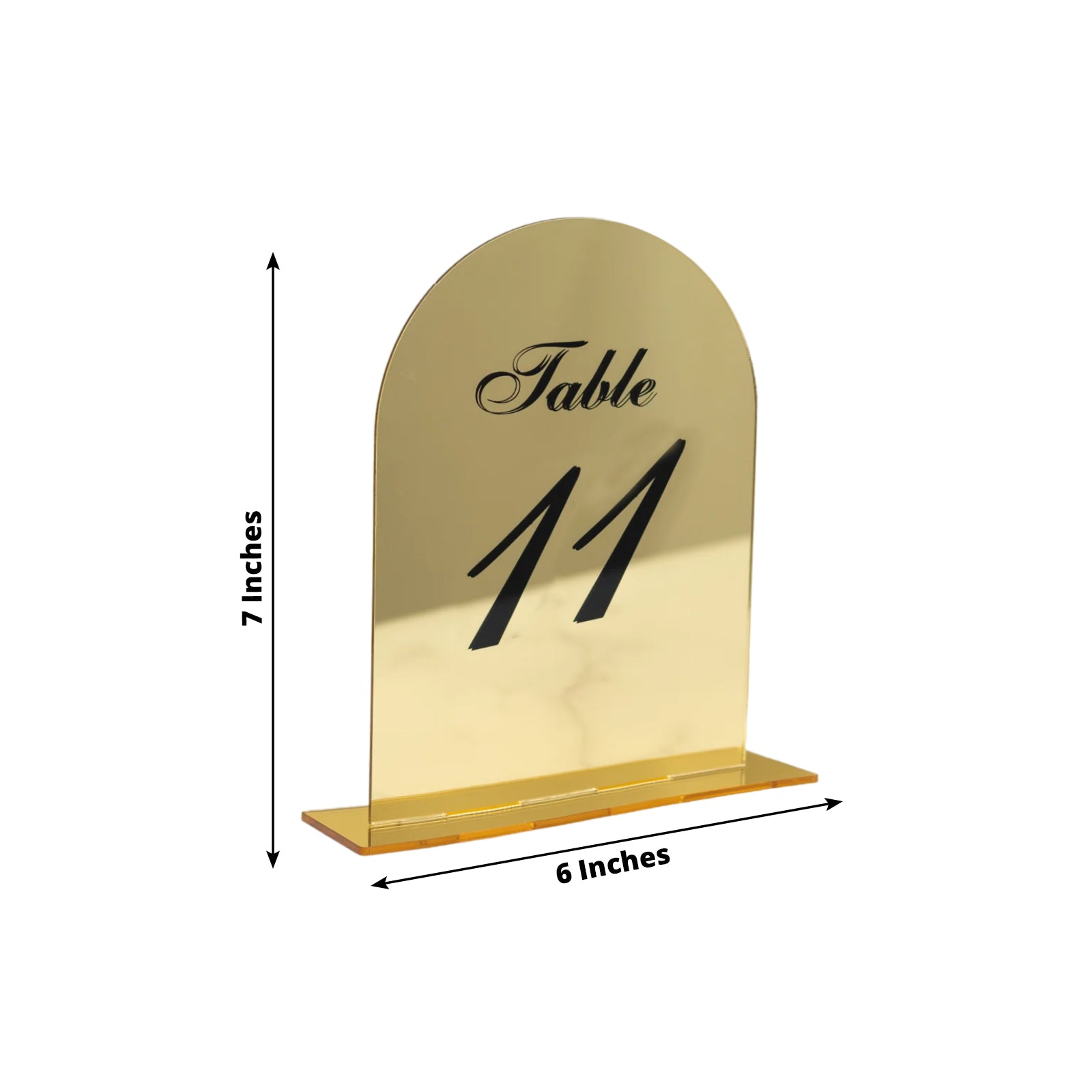 Gold Mirror Arch Acrylic Table Numbers (11-20) - 6x7 Wedding Reception Signs with Black Print & Stands