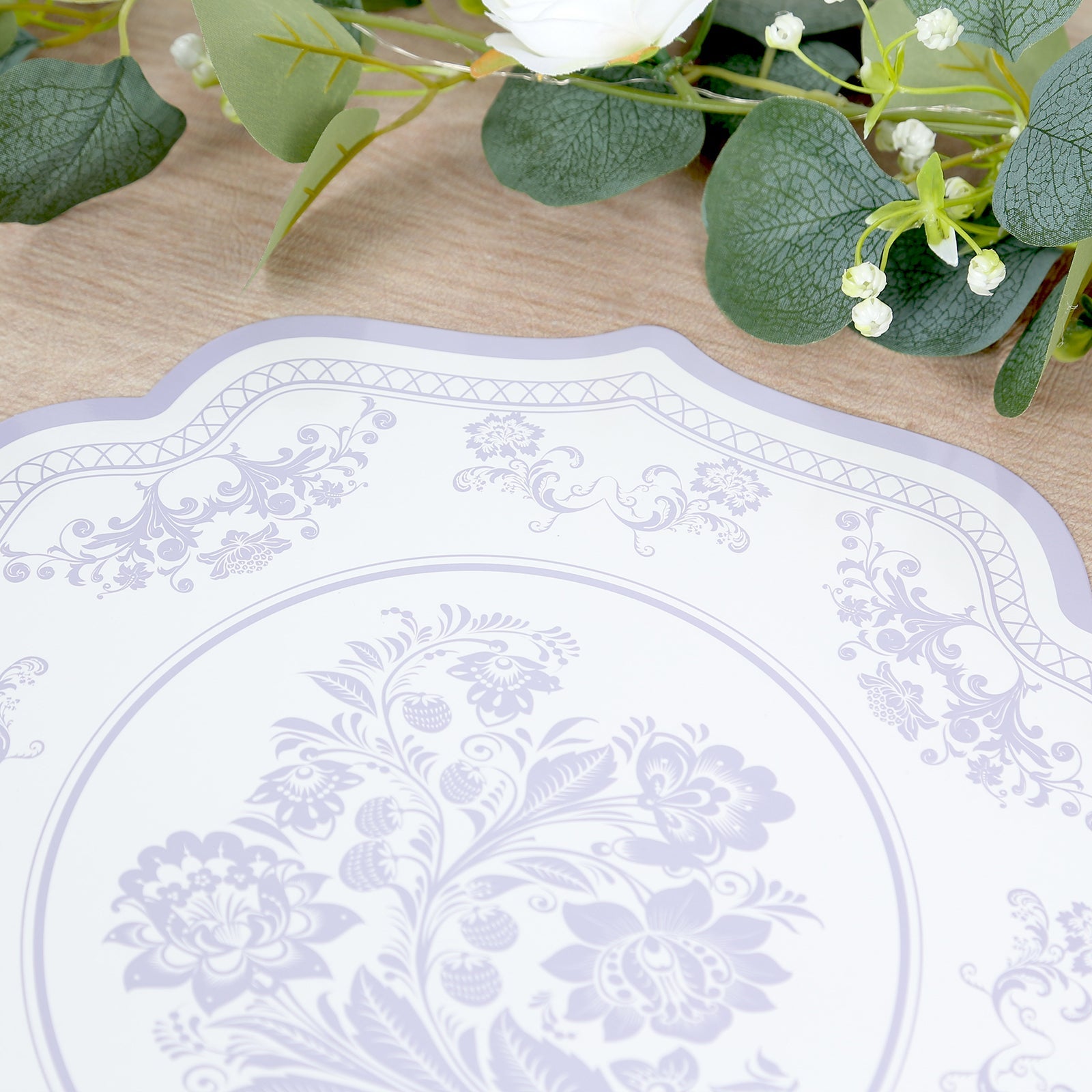 10-Pack Disposable Table Placemats 13 Round Placemats in White with Lavender French Toile Pattern & Scalloped Rim - 400GSM Cardboard Placemats for Stylish Table Setting