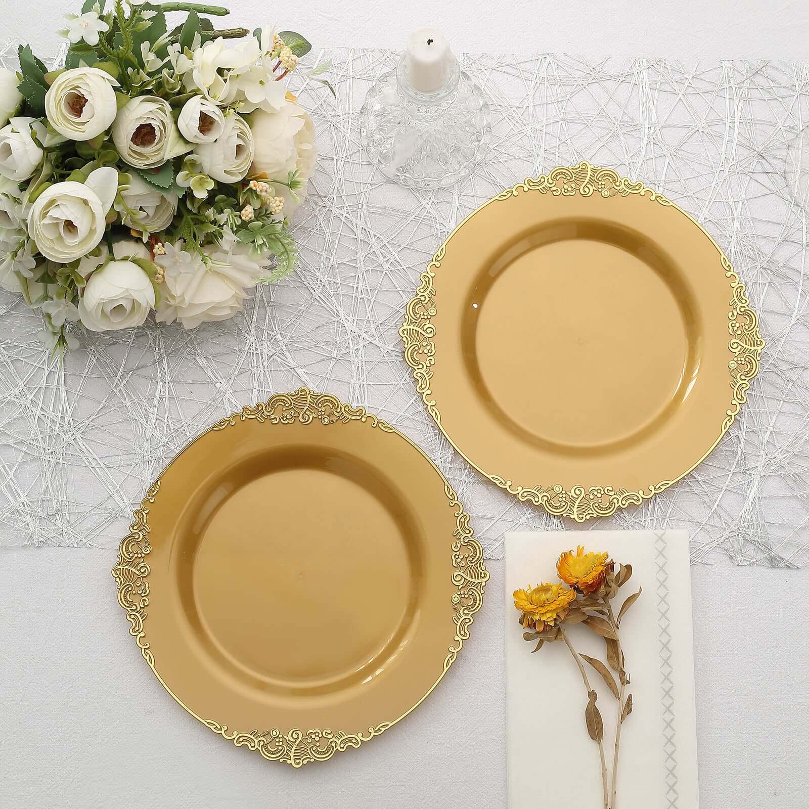 10-Pack Plastic 8 Round Dessert Plates in Gold with Leaf Embossed Rim - Disposable Vintage Baroque Style Salad Plates for Luxurious Gatherings & Events