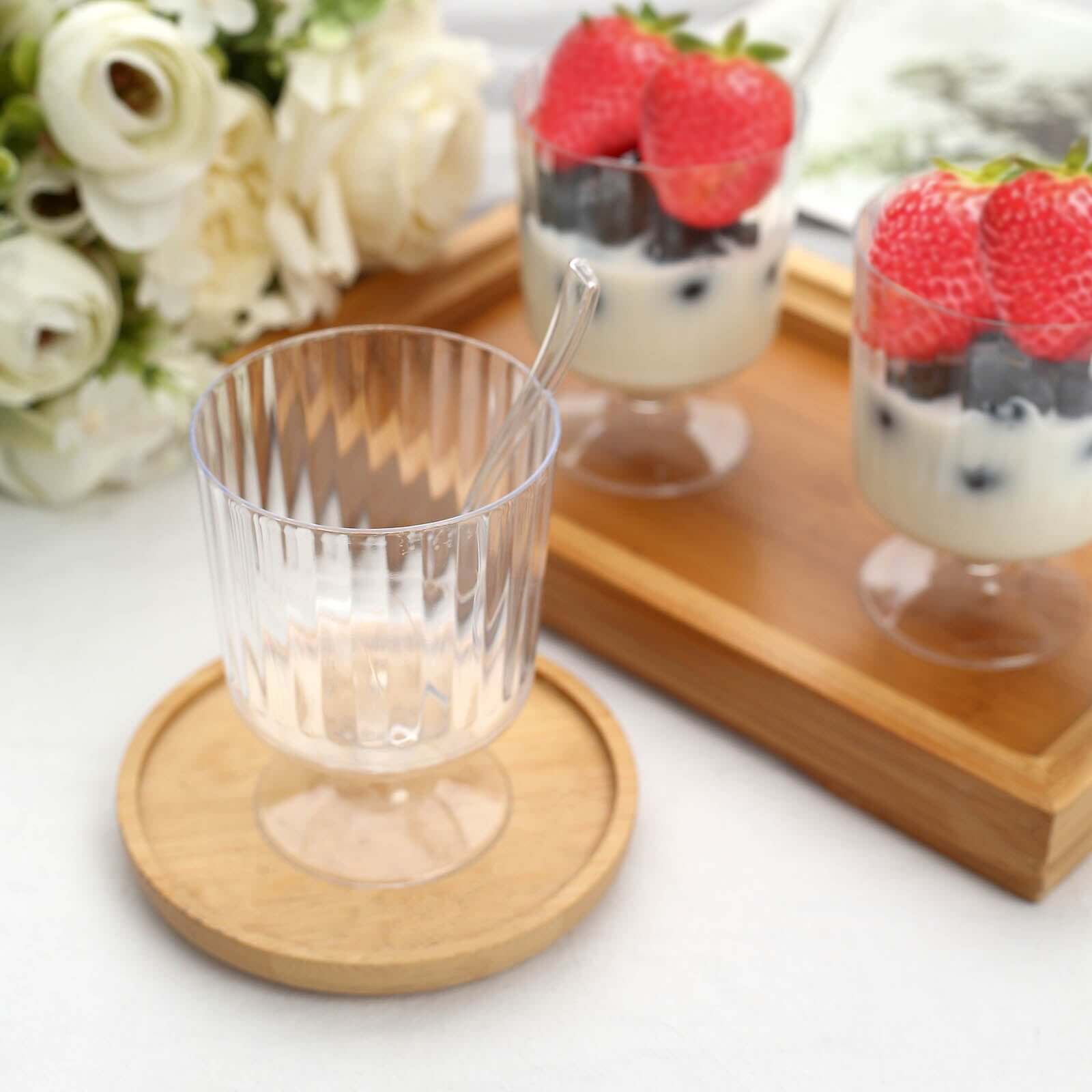 24-Pack Plastic Dessert Cups Clear Ribbed Design with Pedestals - Disposable Mini Snack Cup and Spoon Set for Catering Events & Banquets 5oz