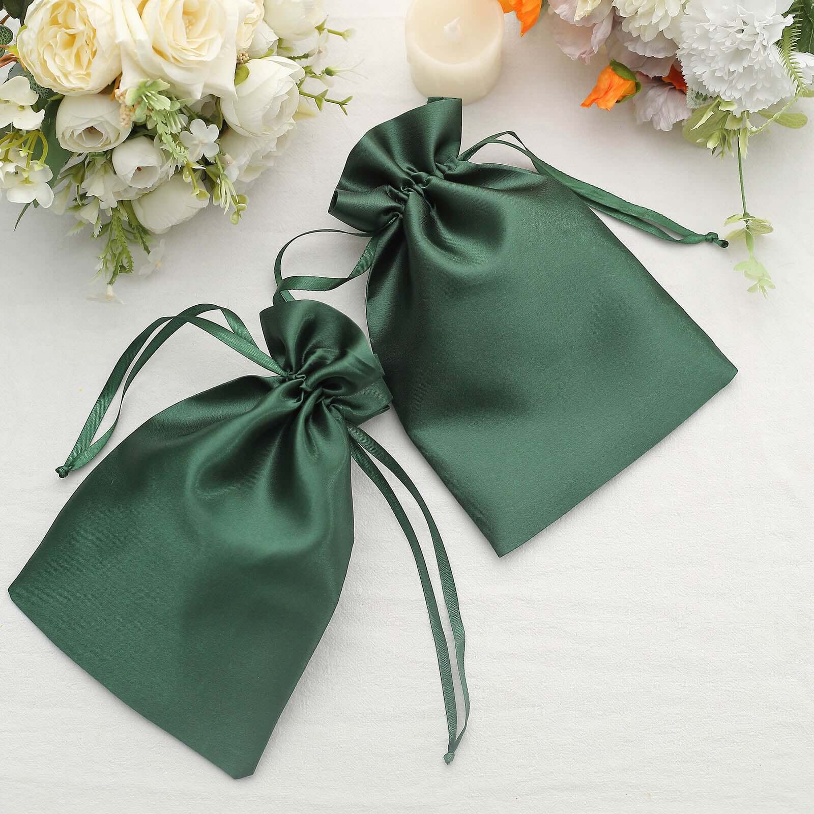 12 Pack 6x9 Hunter Emerald Green Satin Wedding Party Favor Bags, Drawstring Pouch Gift Bags