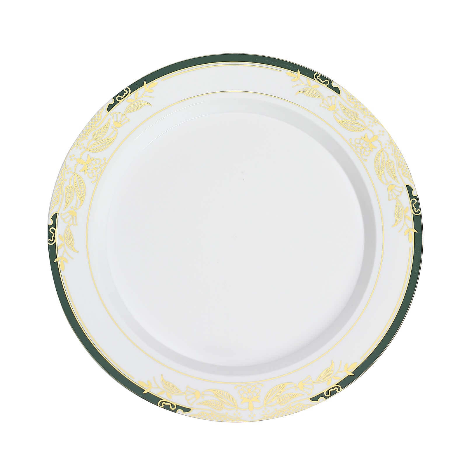 10-Pack Plastic 10 Round Dinner Plates in White with Hunter Emerald Green Rim - Stylish Gold Vine Design Disposable Party Plates for Special Occasions & Celebrations