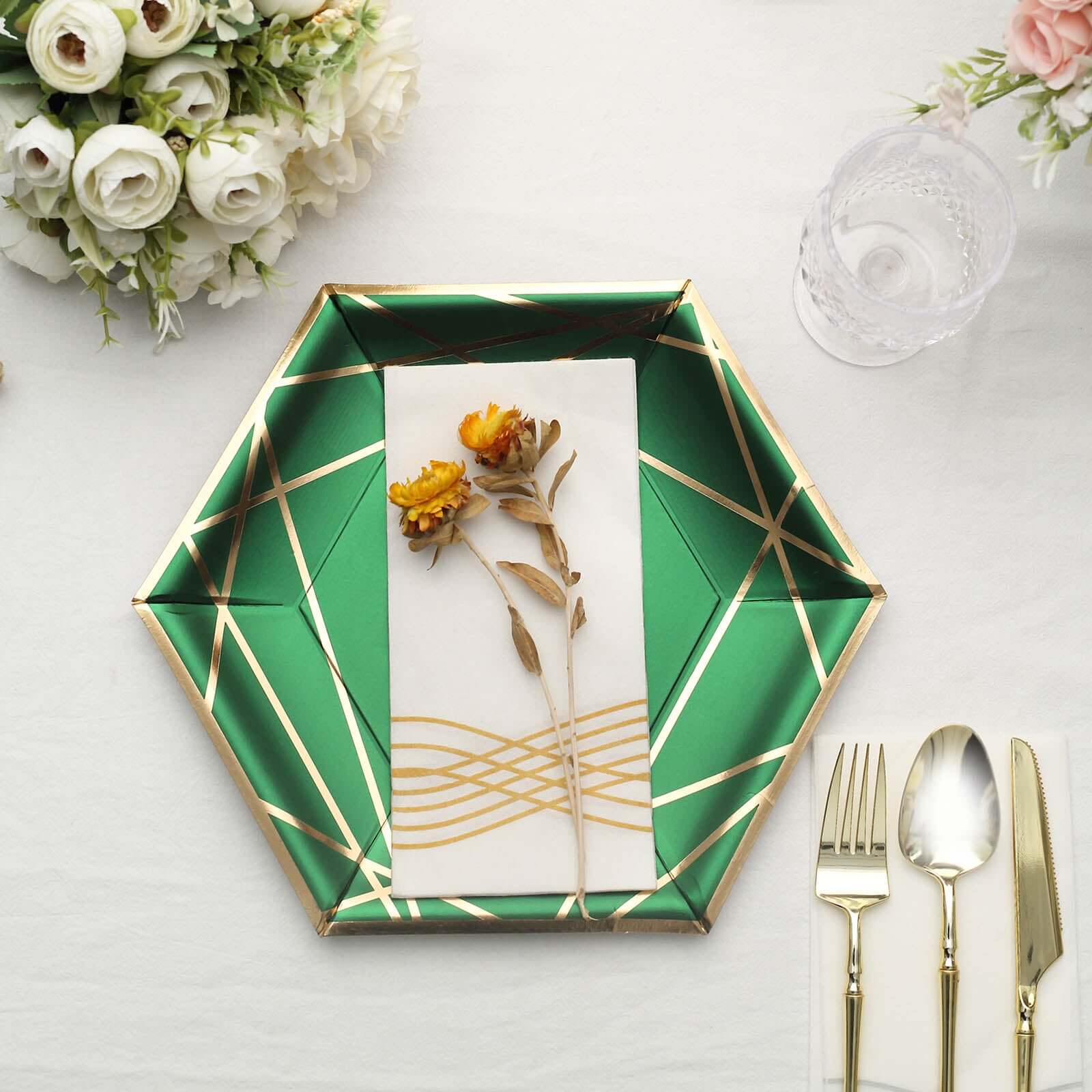 25-Pack Paper 9 Hexagon Dinner Plates in Hunter Emerald Green with Gold Geometric Lines & Rim - Stylish Disposable Geometric 300GSM Party Plates