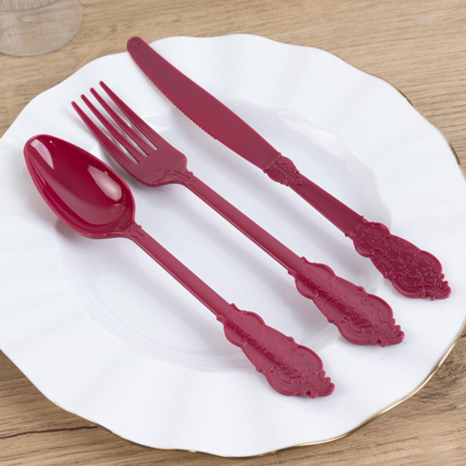 72 Pcs Plastic Silverware Set in Baroque Style Burgundy - Heavy Duty Disposable Knife, Fork, and Spoon Set