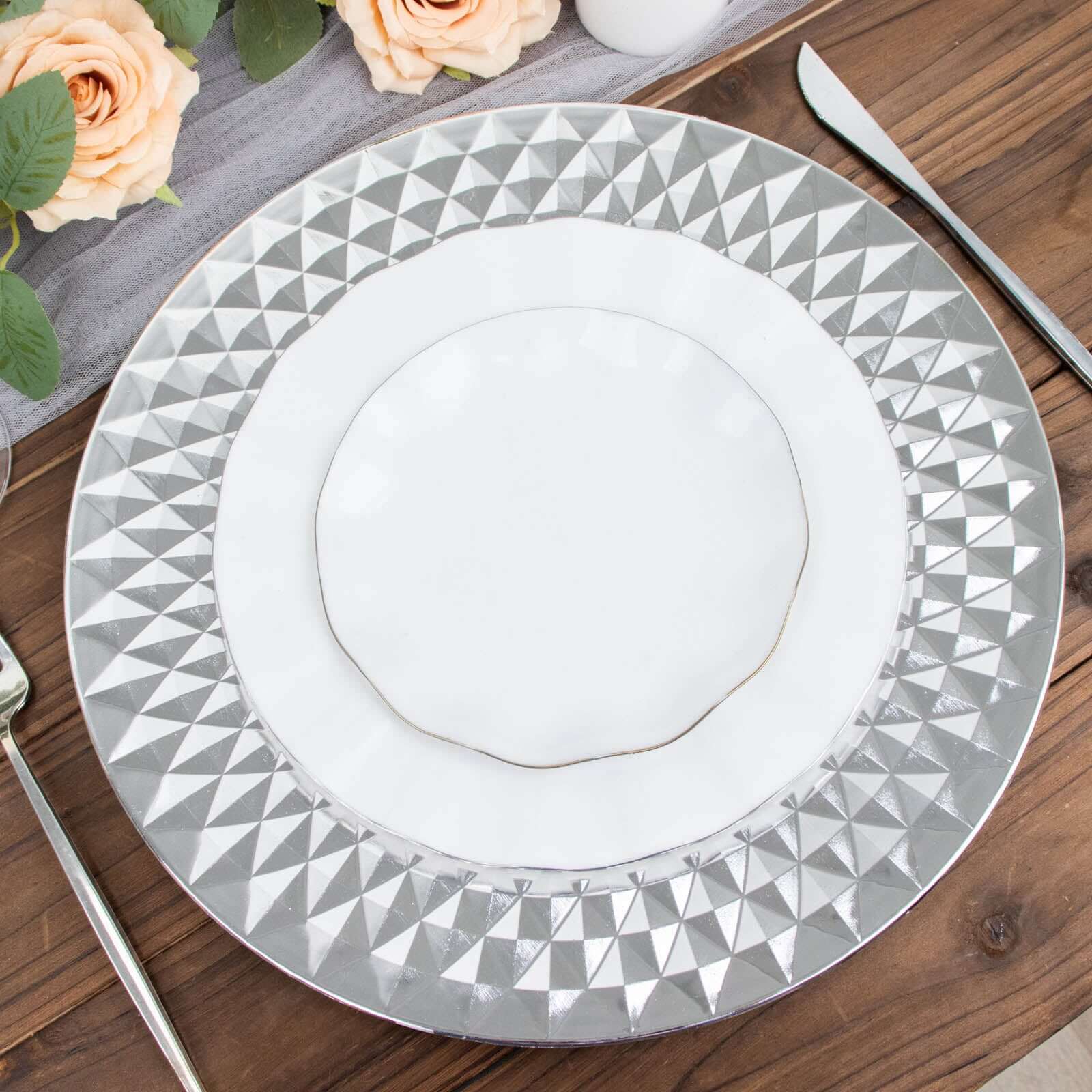 6-Pack Plastic Round Charger Plates 13 in Silver with Diamond Pattern, Sparkling Disposable Dinner Charger Tableware