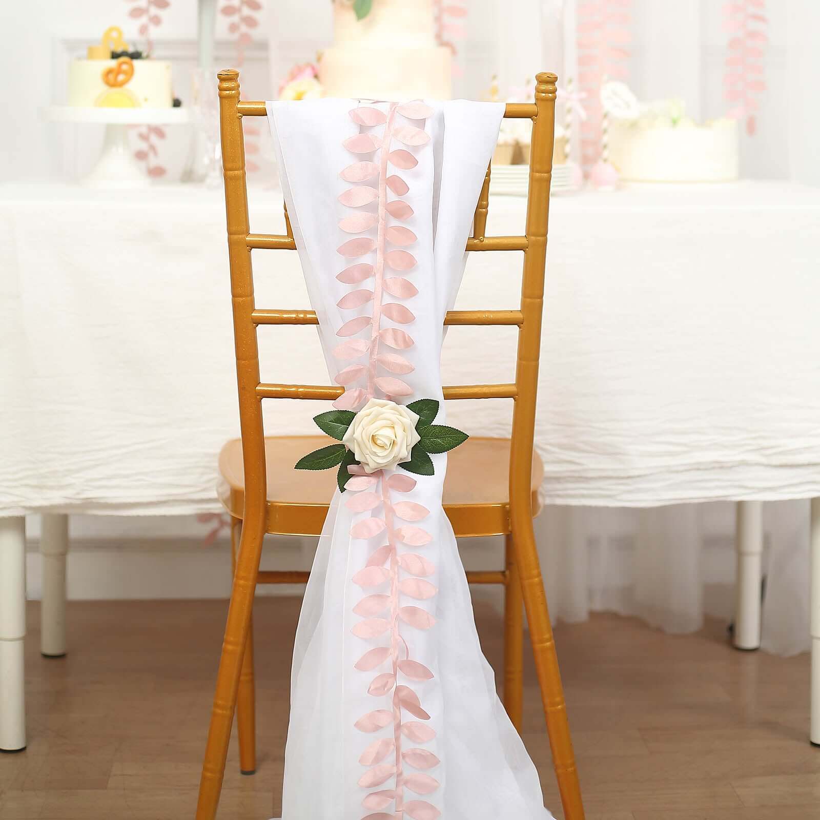 Taffeta Ribbon Sash with 4 Leaf Petal Design Dusty Rose 50ft - Sophisticated Artificial Fabric Garland