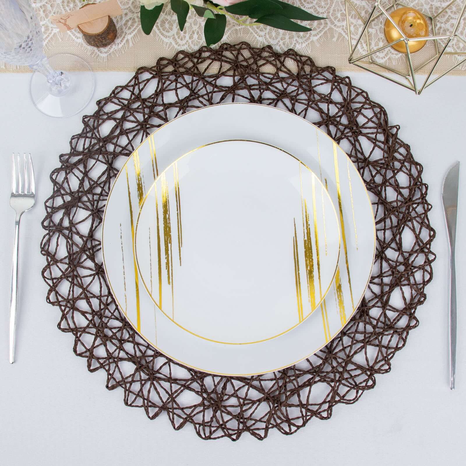 6-Pack Table Placemats Woven Fiber Design Dark Brown Round - Disposable Mats for Dining and Events 15