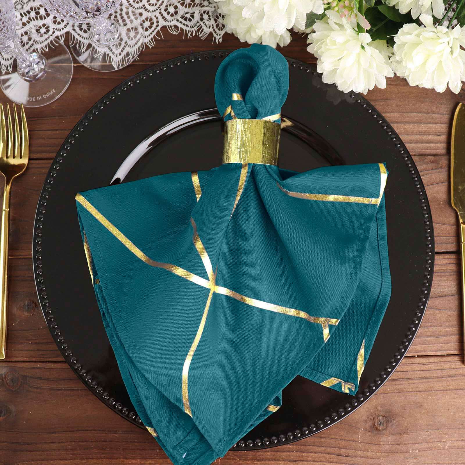 5 Pack Polyester 20x20 Napkins Peacock Teal with Gold Geometric Foil Pattern - Modern Reusable Dinner Napkins